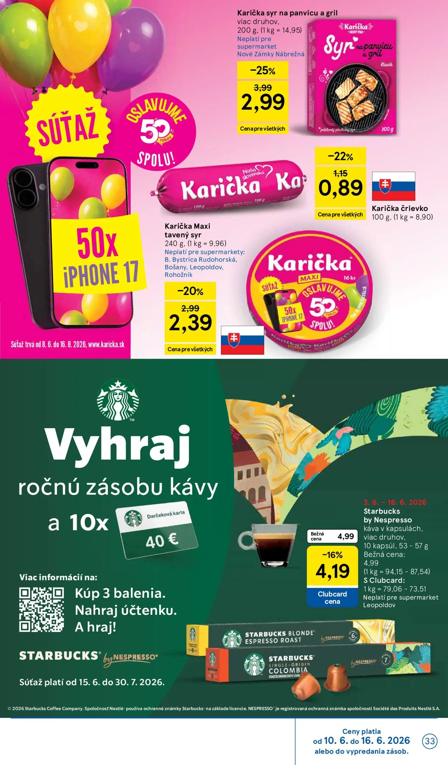 Nové Tesco akcie – leták je platný od 10.06.2026 | Strana: 33 | Produkty: Gril, Syr, Káva, Iphone