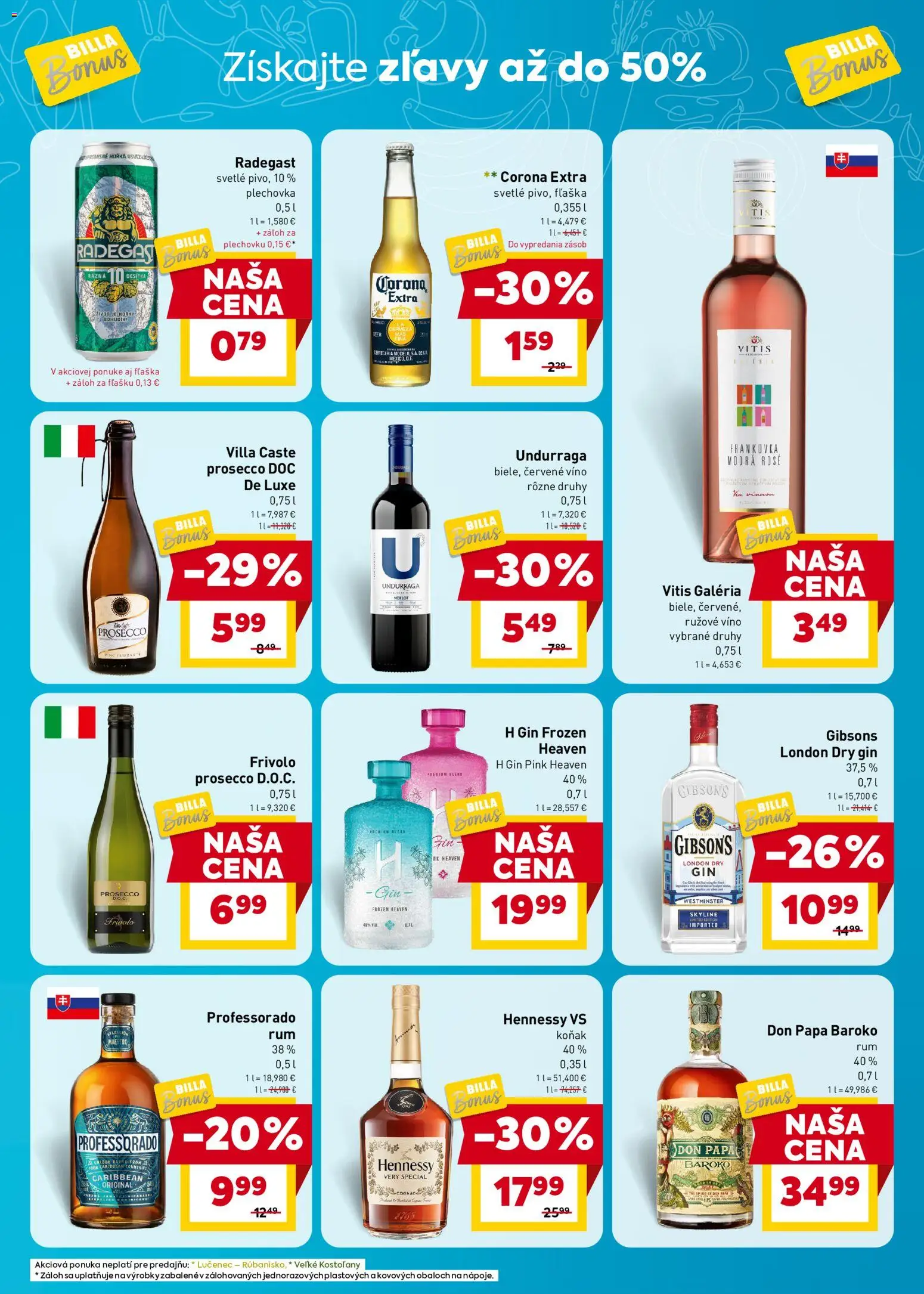 Nové Billa akcie – leták je platný od 24.06.2026 | Strana: 7 | Produkty: Víno, Gin, Don Papa, Koňak