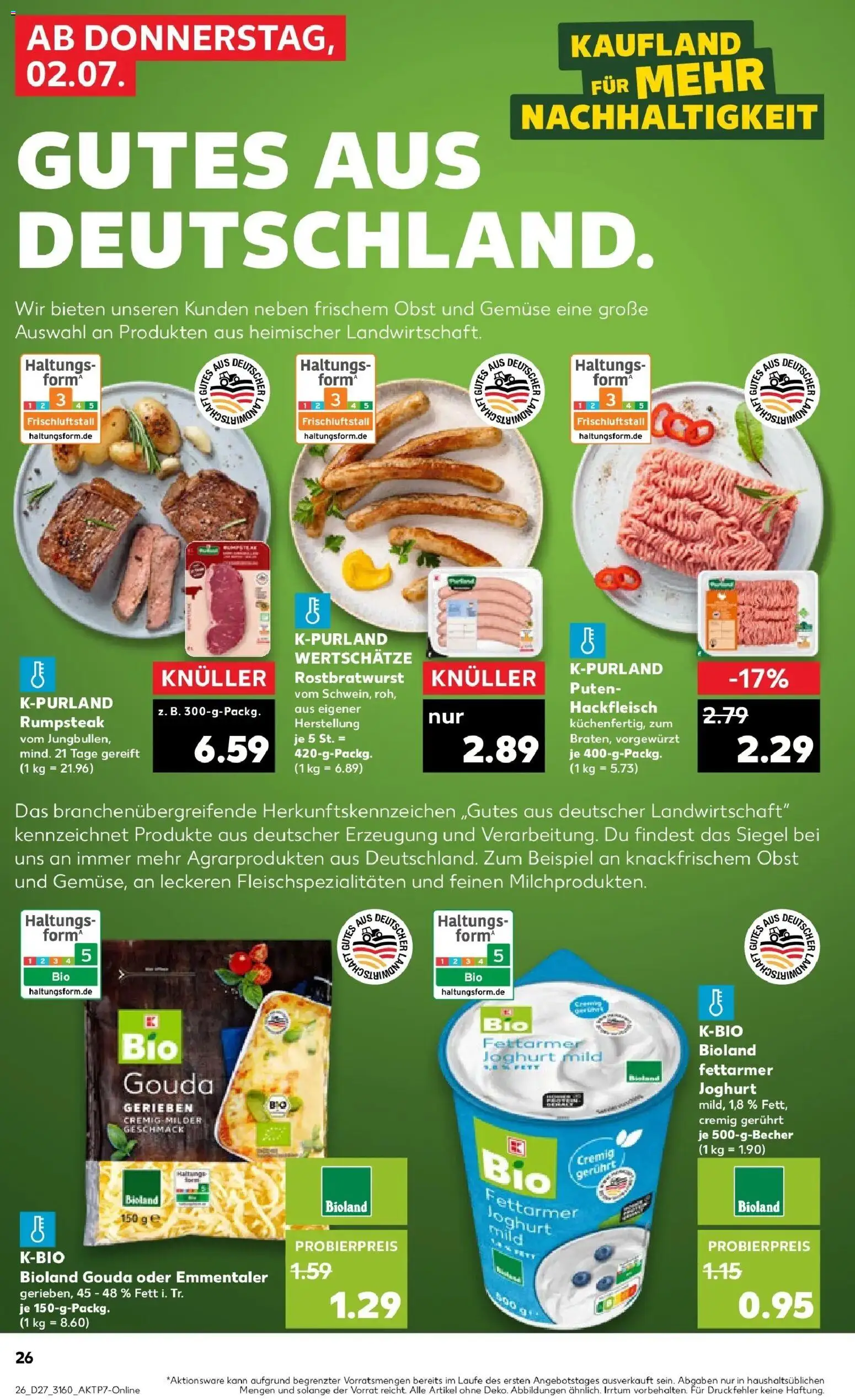 Kaufland Prospekt Großenhain – gültig ab 02.07.2026 | Seite: 26 | Produkte: Rumpsteak, Joghurt, Gouda, Obst