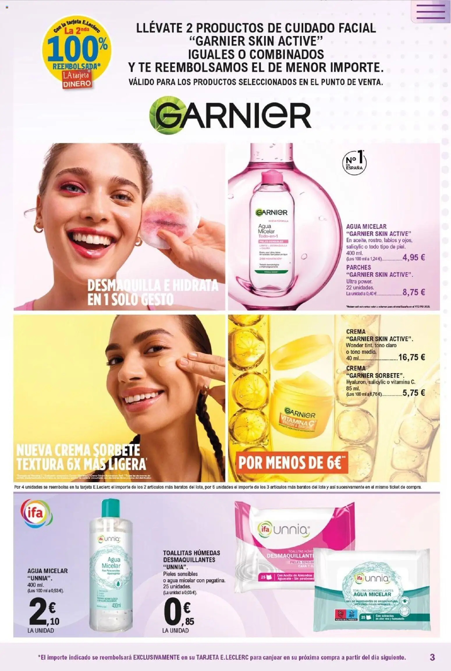 E.Leclerc Resalta tu belleza │ válido desde el 20.05.2026 | Página: 3 | Productos: Agua micelar, Aceite, Crema, Té