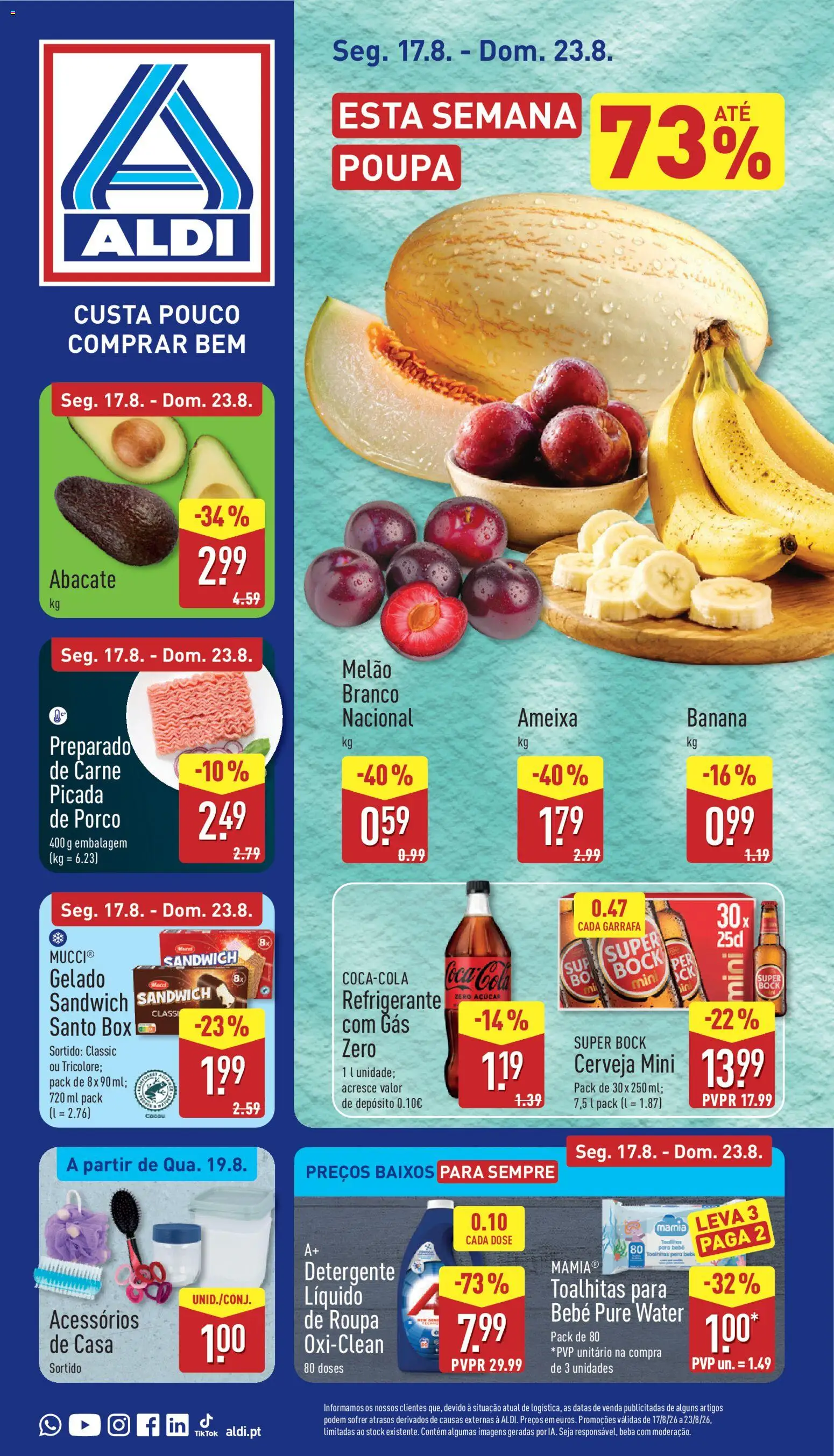 Aldi folheto │ válido de 17/08/2026 | Página: 1 | Produtos: Carne picada, Detergente, Coca-cola, Gelado sandwich