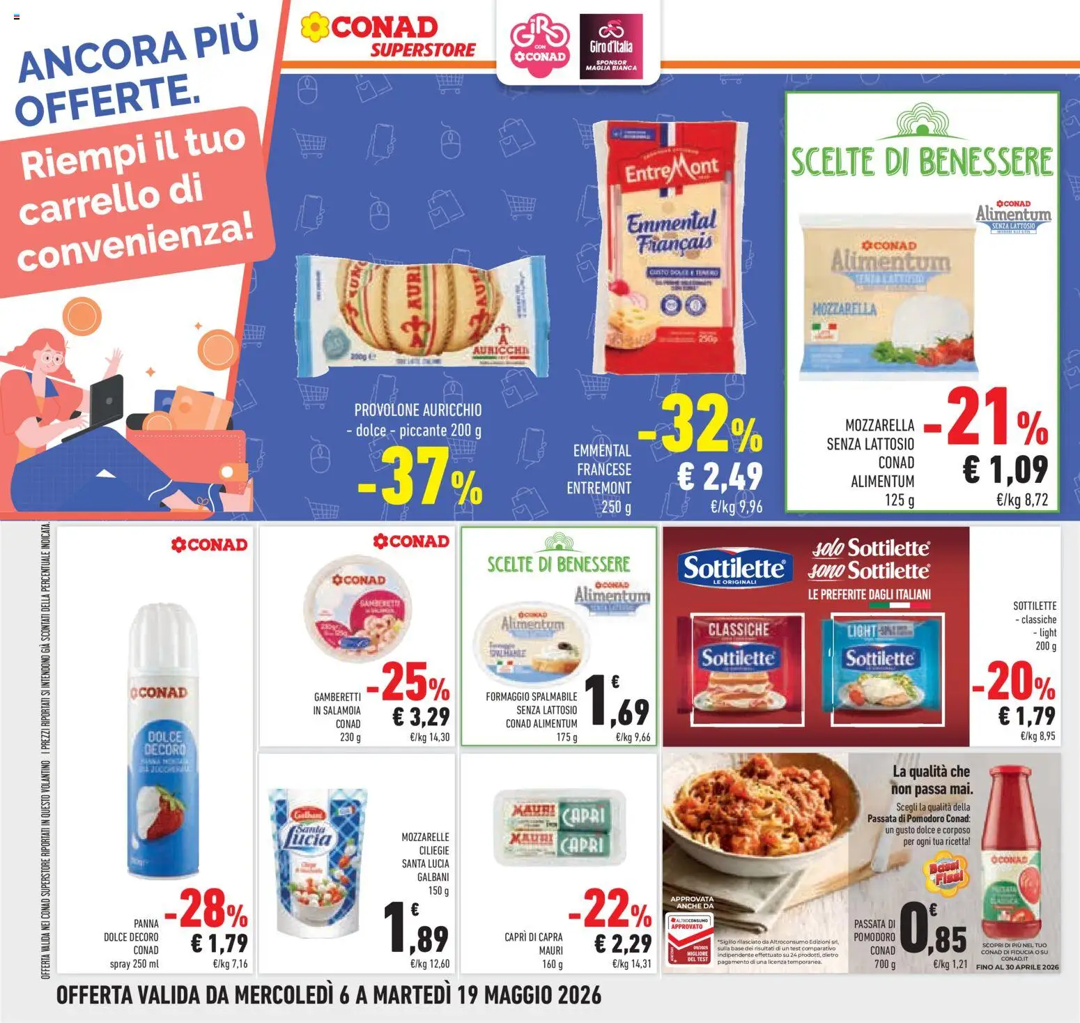 Volantino Conad del 06.05.2026 | Pagina: 40 | Prodotti: Mozzarella senza lattosio, Pomodoro, Carrello, Gamberetti