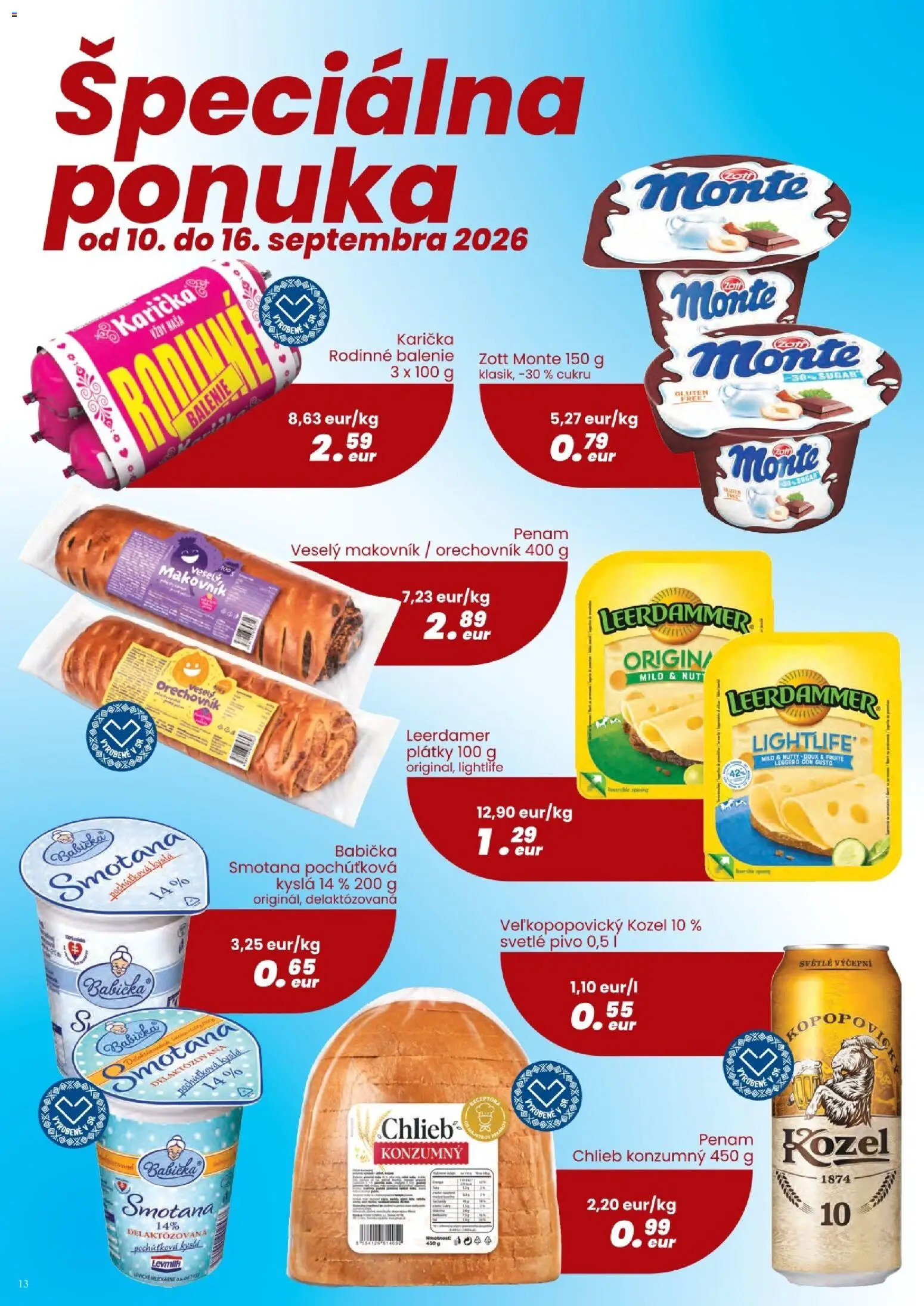 Nové CBA Komfos akcie – leták je platný od 03.09.2026 | Strana: 13 | Produkty: Pivo, Chlieb, Smotana