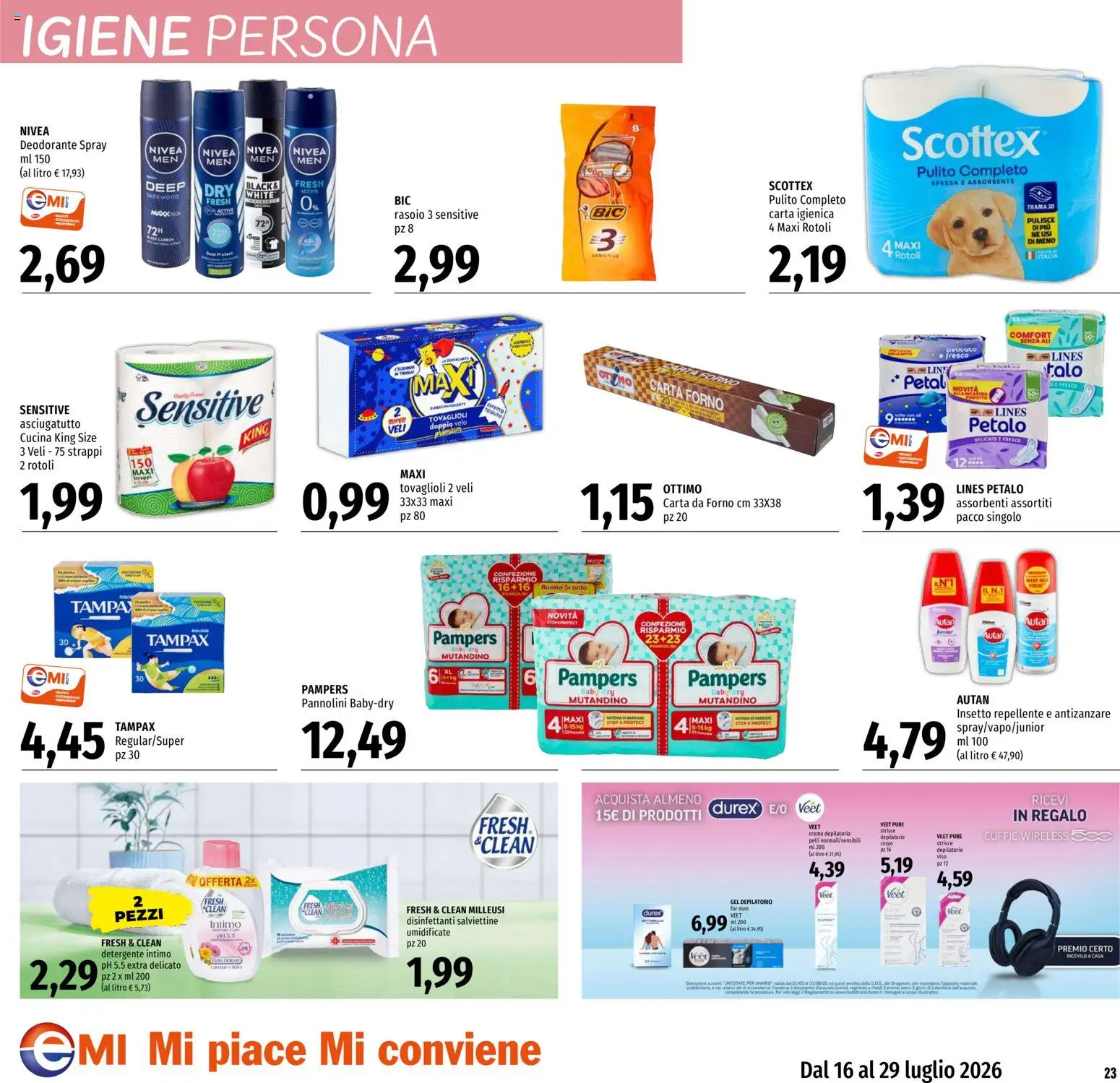 Volantino EMI del 16/07/2026 | Pagina: 23 | Prodotti: Carta igienica, Deodorante, Detergente intimo, Detergente