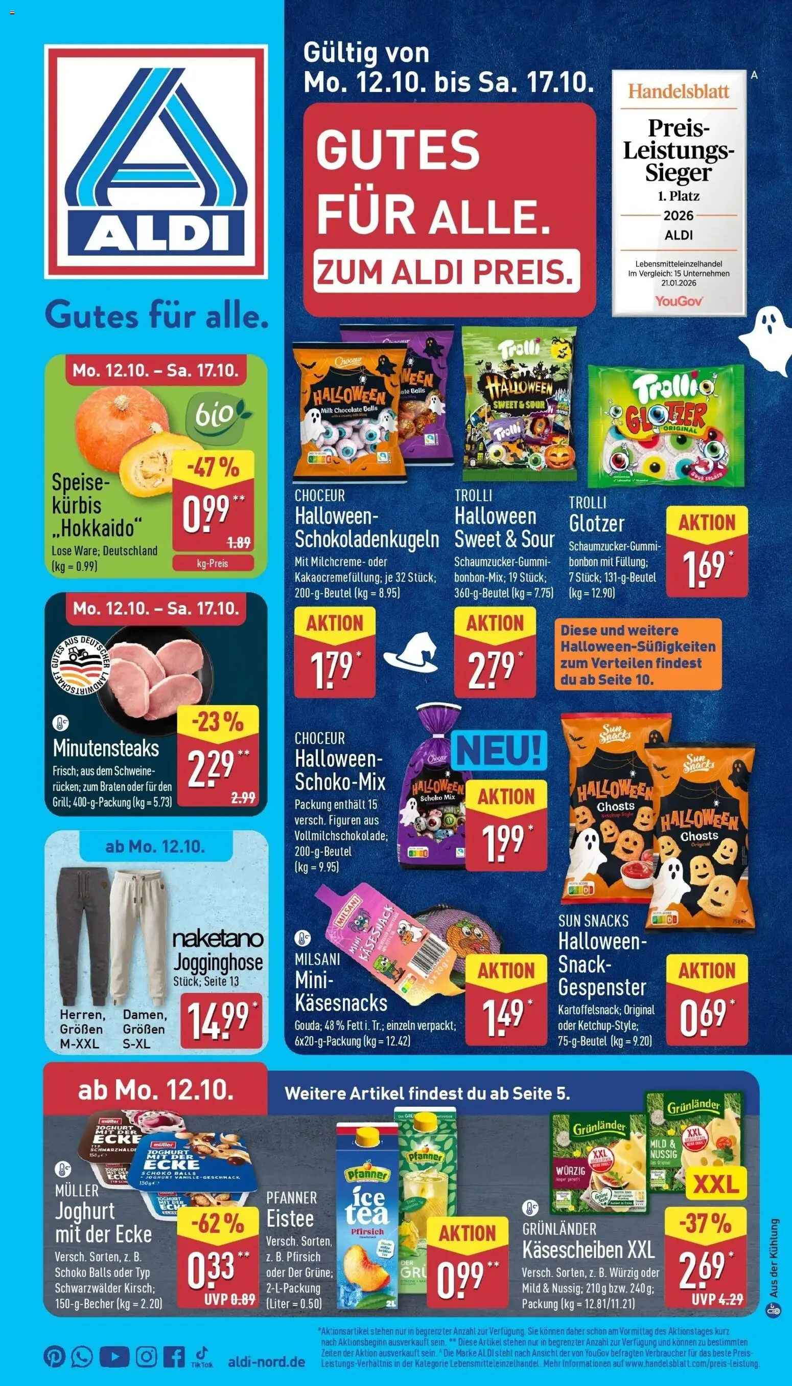 Aldi Aktueller Prospekt (ab 12.10.2026) » Angebote Online | Seite: 1 | Produkte: Jogginghose, Schokoladenkugeln, Pfanner eistee, Grunlander