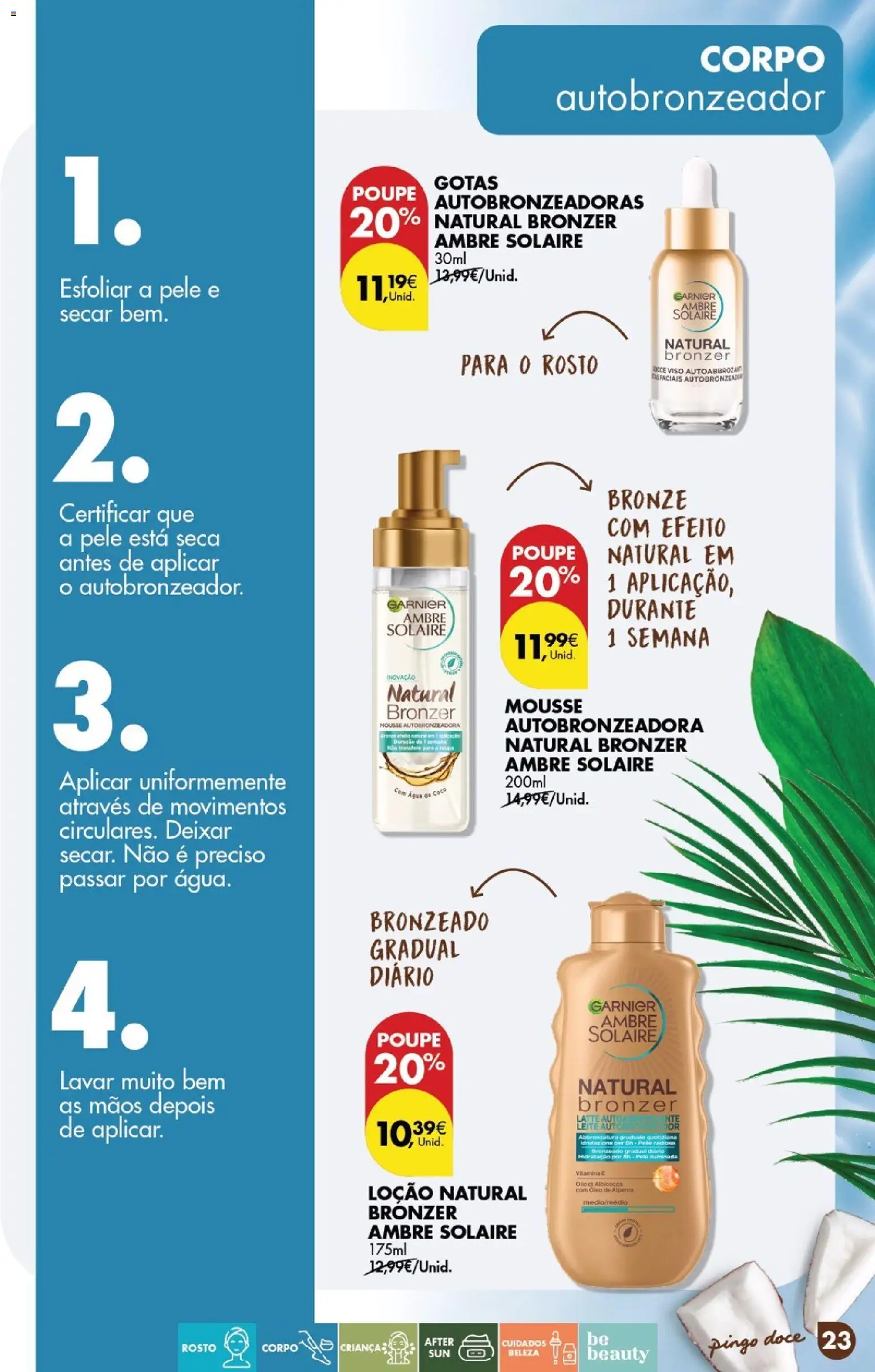 Pingo Doce Catálogo de solares 2026 │ válido de 24.03.2026 | Página: 23 | Produtos: Agua, Autobronzeador, Bronzer, Óleo