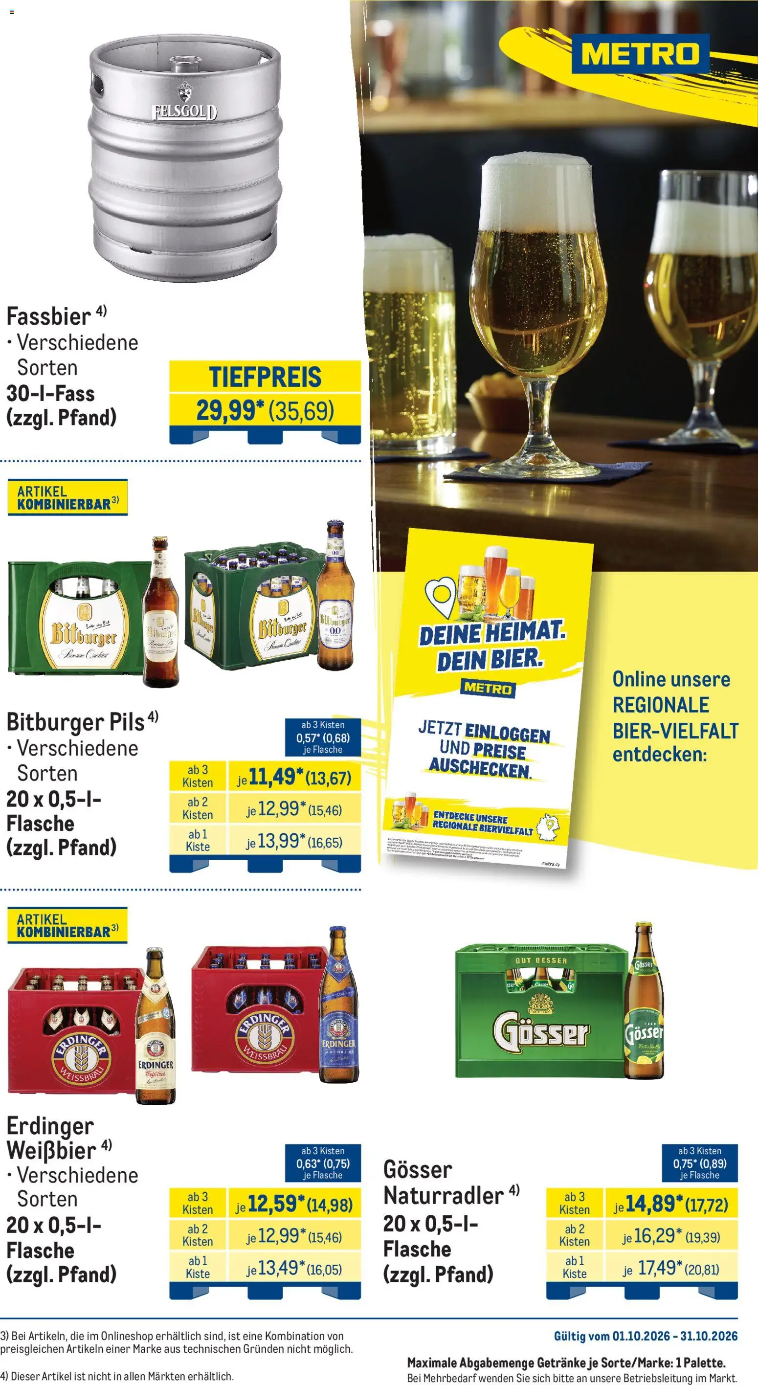 Metro Monats-Menü – gültig ab 01.10.2026 | Seite: 30 | Produkte: Bitburger, Erdinger, Weißbier, Pils
