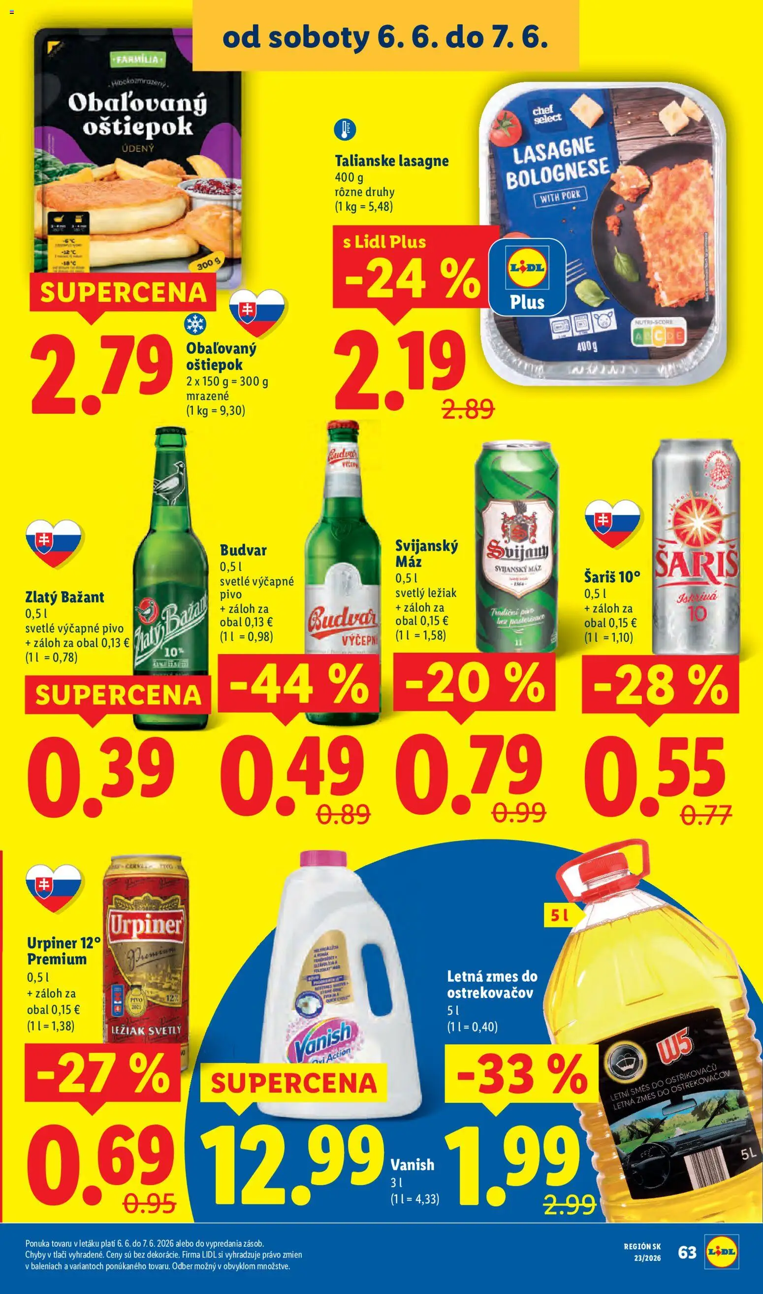 Nové Lidl akcie – leták je platný od 01.06.2026 | Strana: 93 | Produkty: Pivo, Vanish, Zlatý Bažant, Lasagne