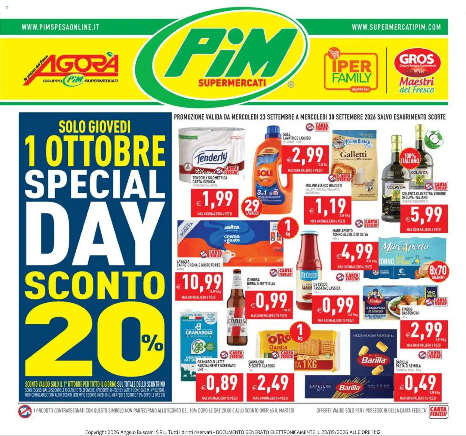 Volantino PIM Supermercati del 23/09/2026 | Pagina: 1 | Prodotti: Olio, Pasta, Tonno, Semola