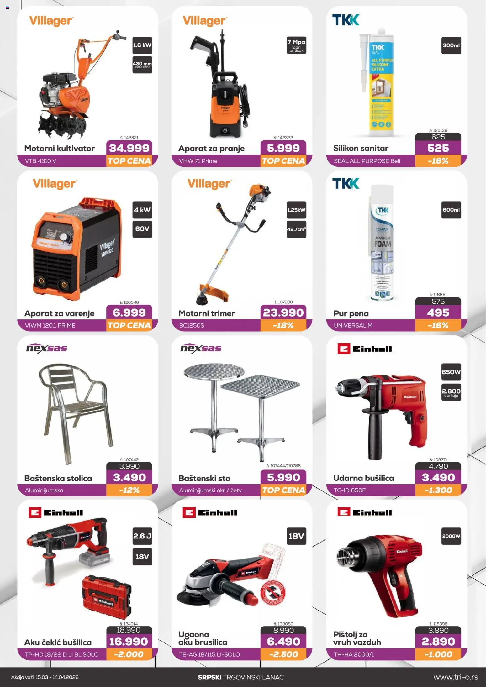 Tri O katalog - važi od 15.03.2026 | Strana: 3 | Proizvode: Stolica, Čekić, Udarna bušilica, Trimer