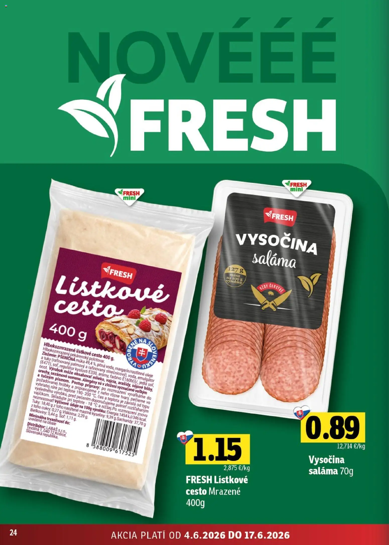 Nové Fresh akcie – leták je platný od 04.06.2026 | Strana: 24 | Produkty: Saláma, Pšeničná múka, Lístkové cesto, Soľ