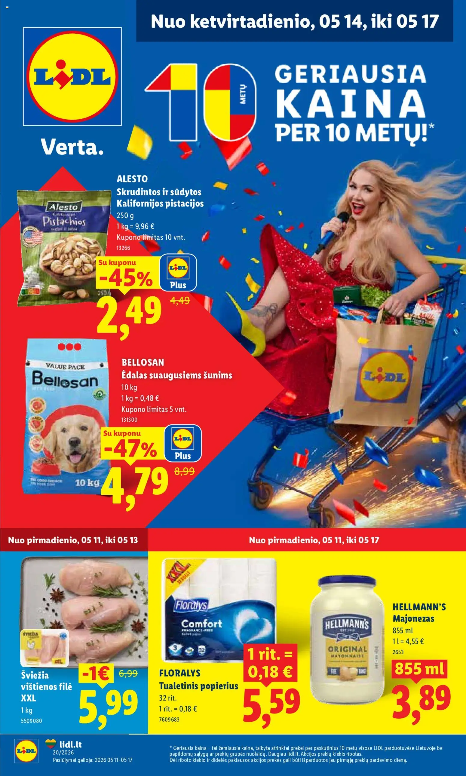 LIDL akcijos nuo 11.05.2026 | Puslapis: 1 | Prekių: Vištienos, Majonezas, Tualetinis popierius, Pistacijos