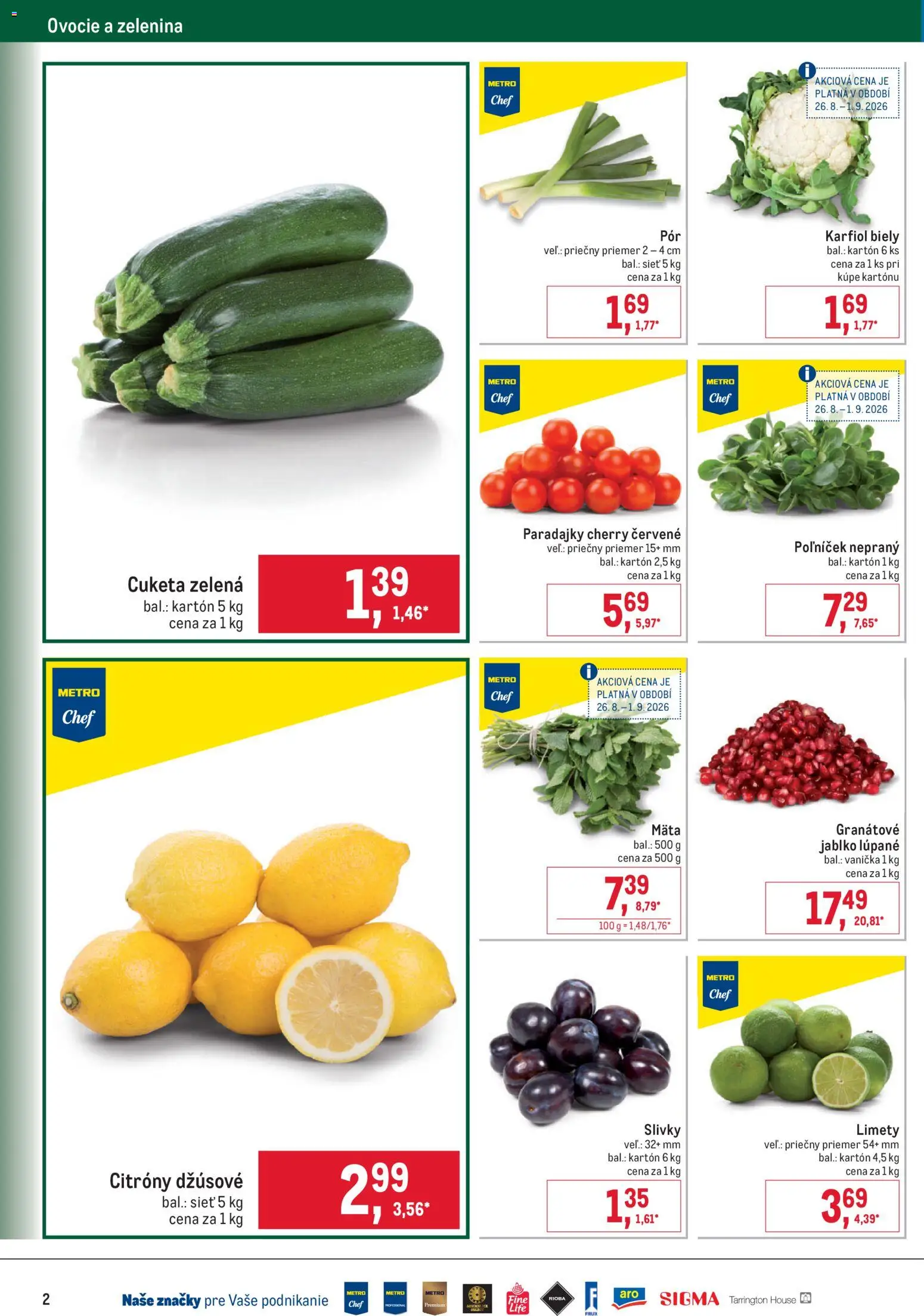 Nové Metro akcie – leták je platný od 26.08.2026 | Strana: 2 | Produkty: Paradajky, Karfiol, Citróny, Zelenina