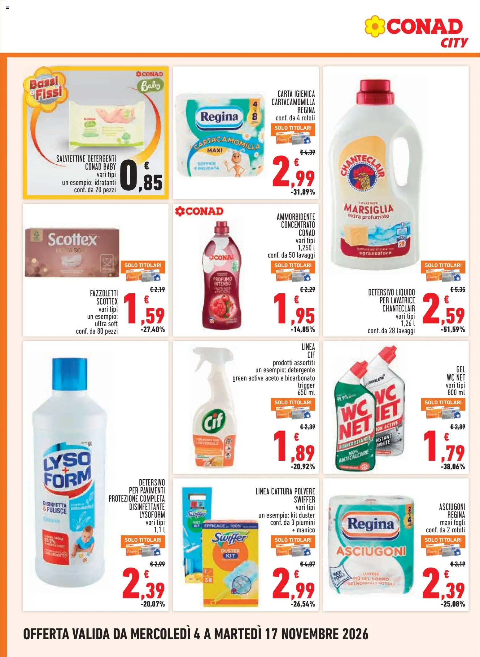 Volantino Conad del 04/11/2026 | Pagina: 14 | Prodotti: Carta igienica, Ammorbidente, Sgrassatore, Lavatrice