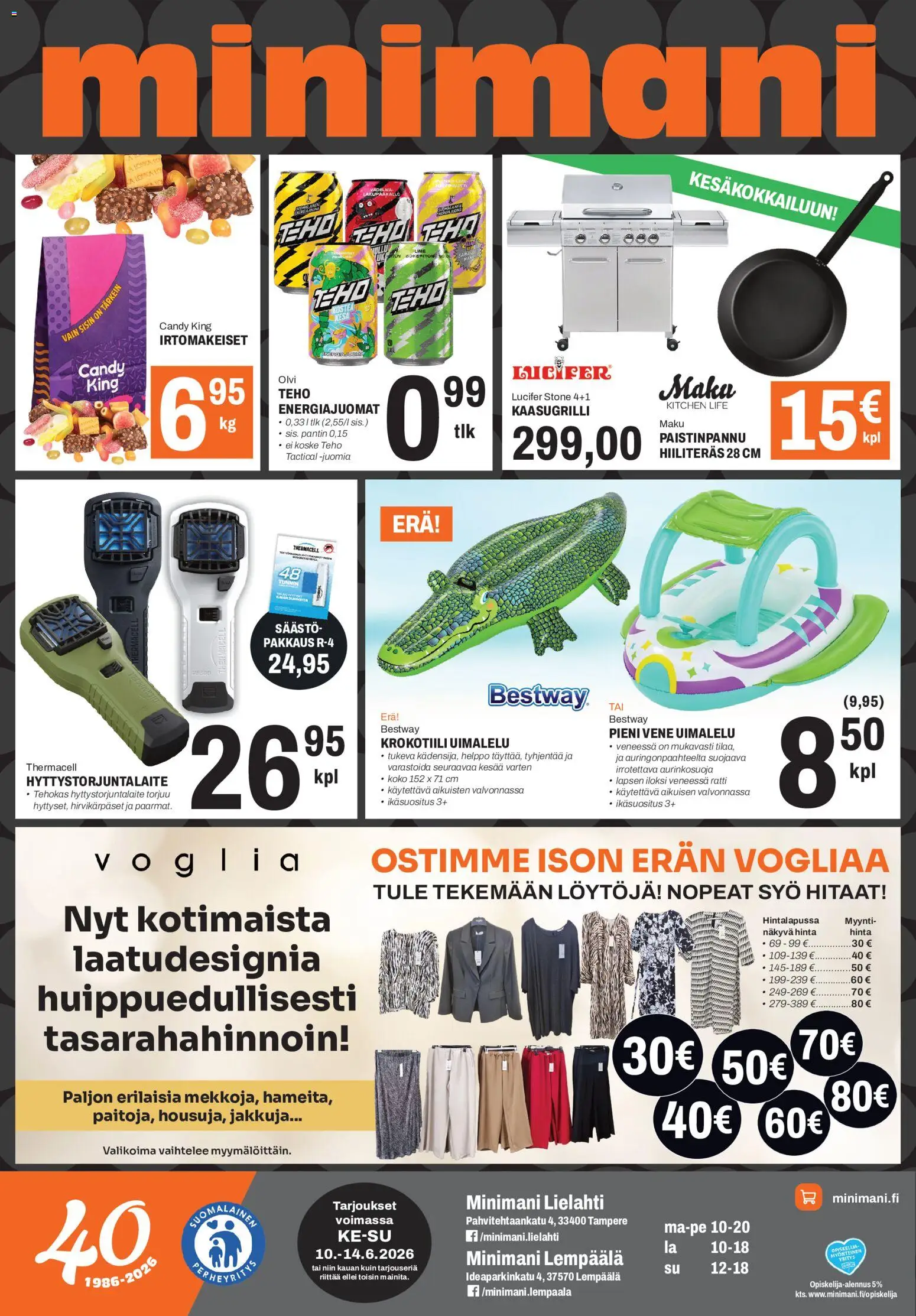 Minimani tarjoukset - Lempäälä/Tampere – voimassa 10.06.2026 alkaen | Sivu: 1 | Tuotteet: Irtomakeiset, Vene, Kaasugrilli, Paistinpannu