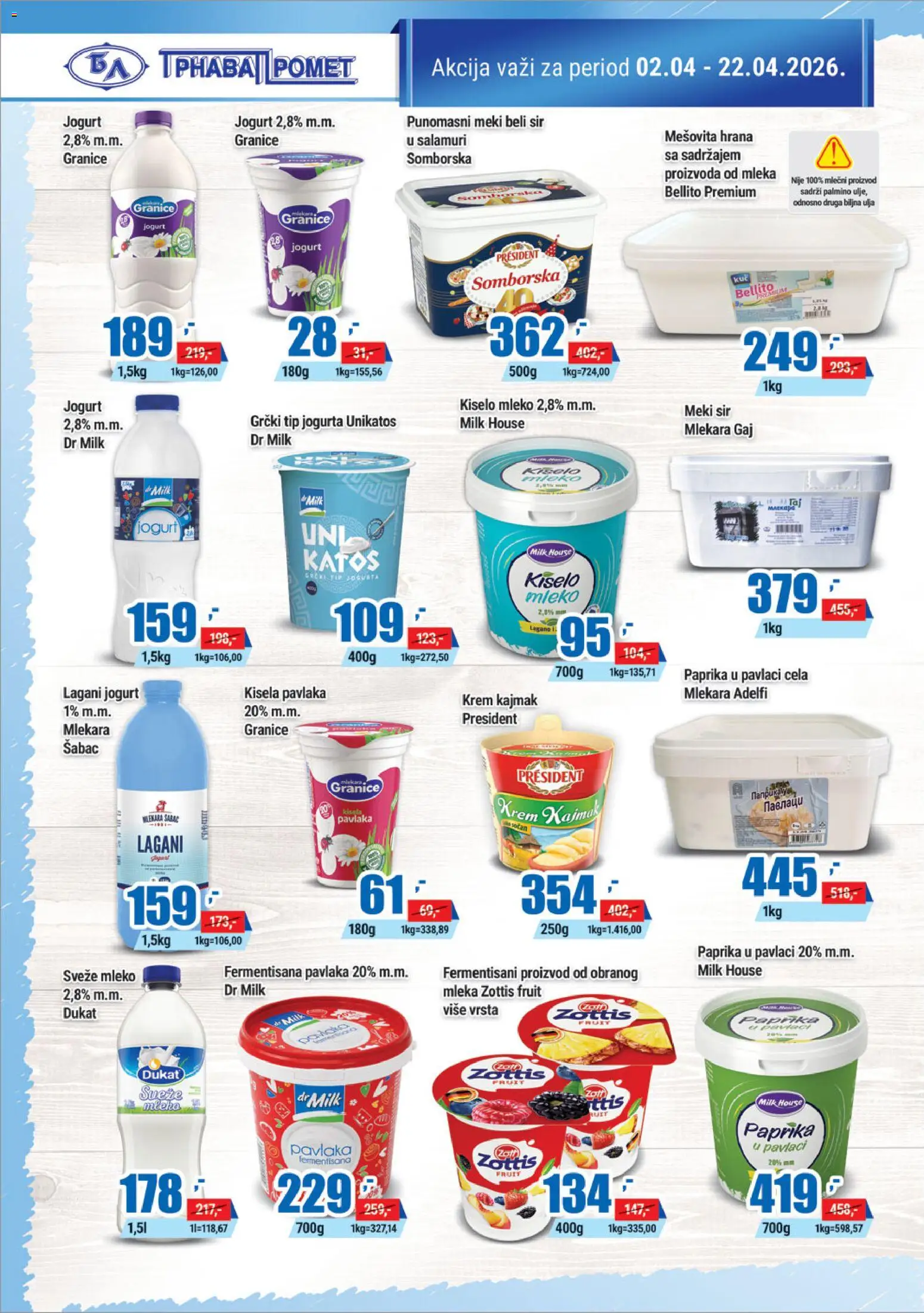 Trnava Promet katalog - važi od 02.04.2026 | Strana: 6 | Proizvode: Sir, Jogurt, Pavlaka, Kajmak