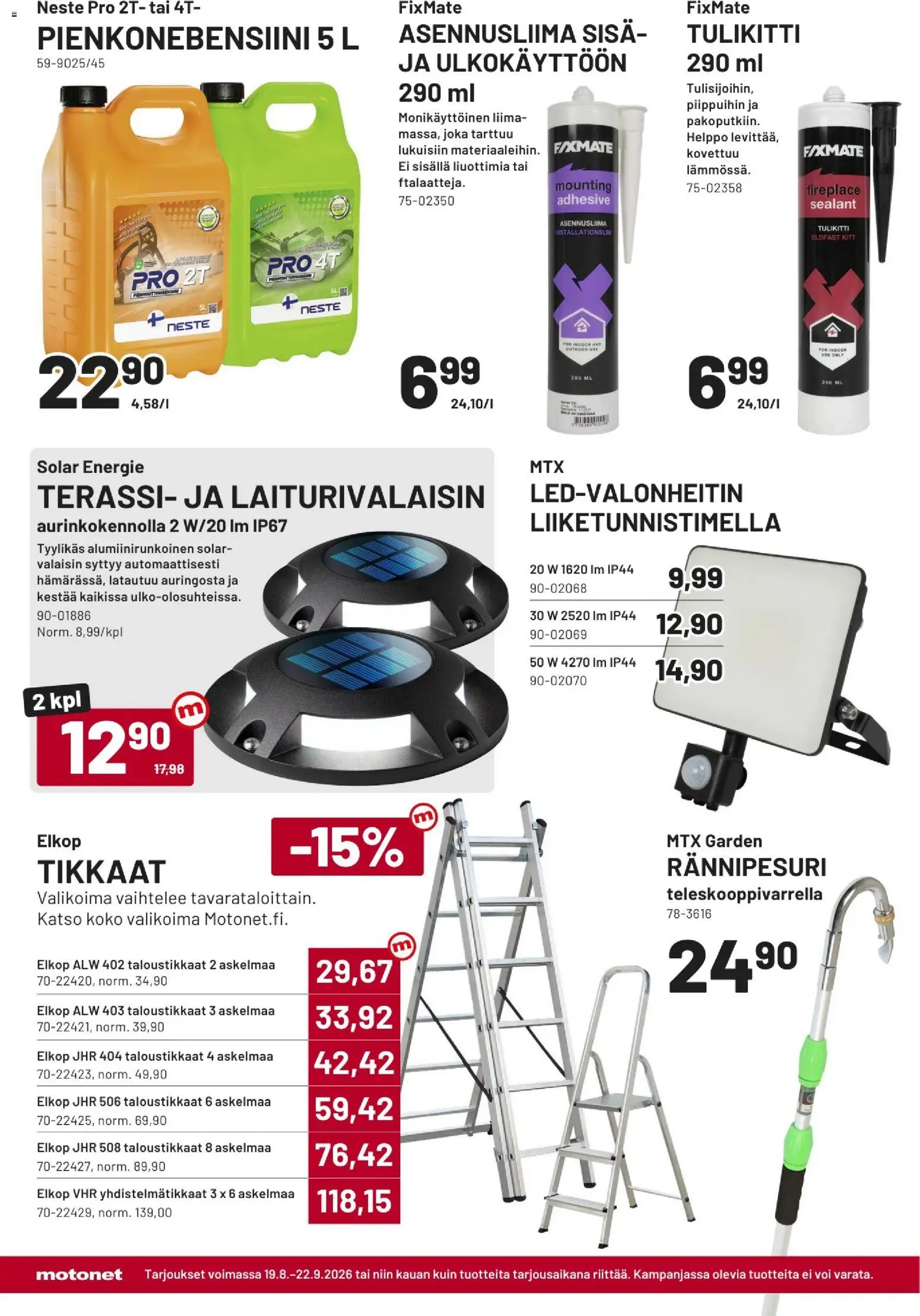 Motonet tarjoukset – voimassa 19/08/2026 alkaen | Sivu: 12 | Tuotteet: Liima, Voi, Tikkaat