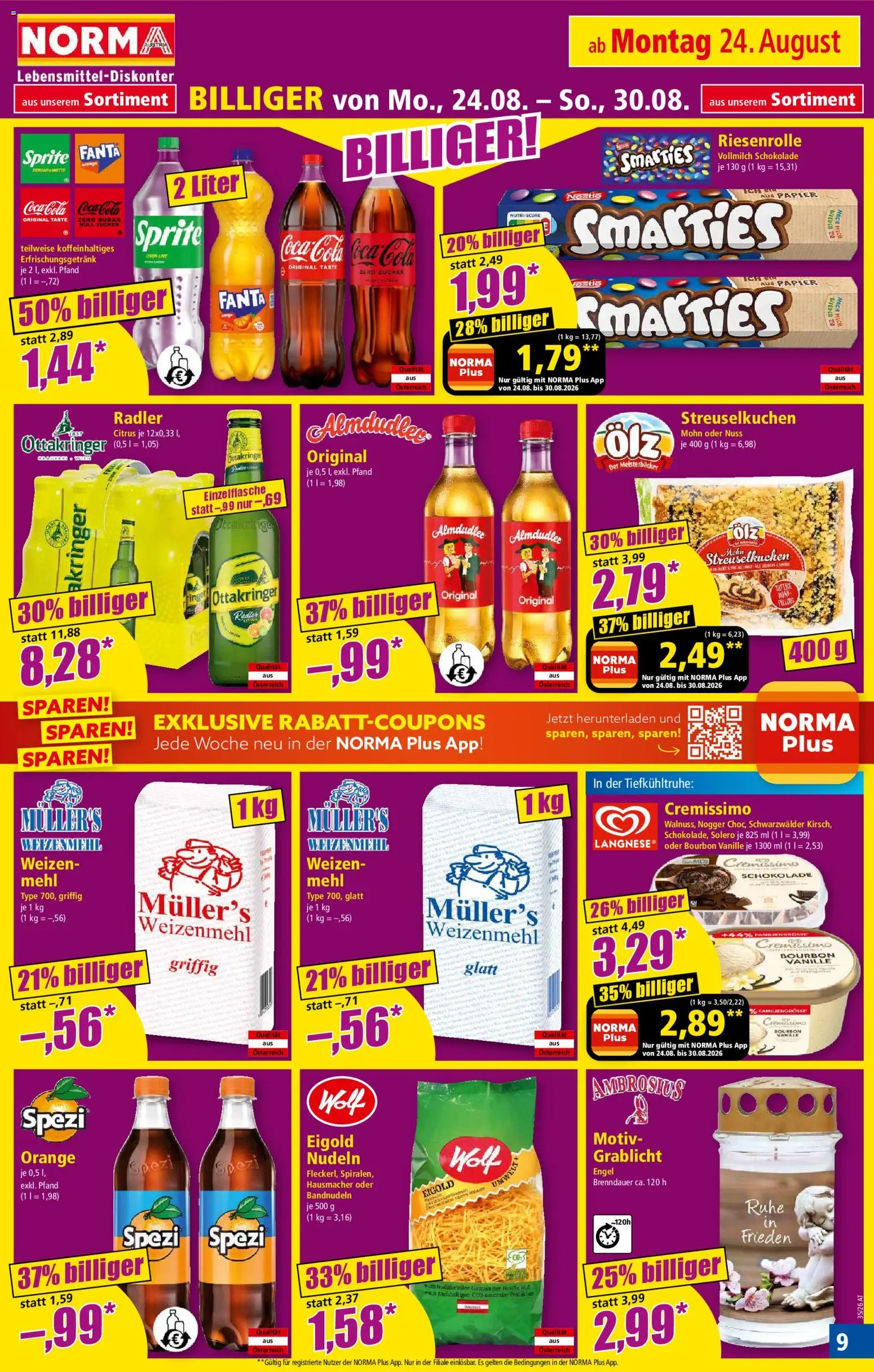 Norma Flugblatt gültig ab 24.08.2026 | Seite: 9 | Produkte: Vanille, Vollmilch, Radler, Mehl