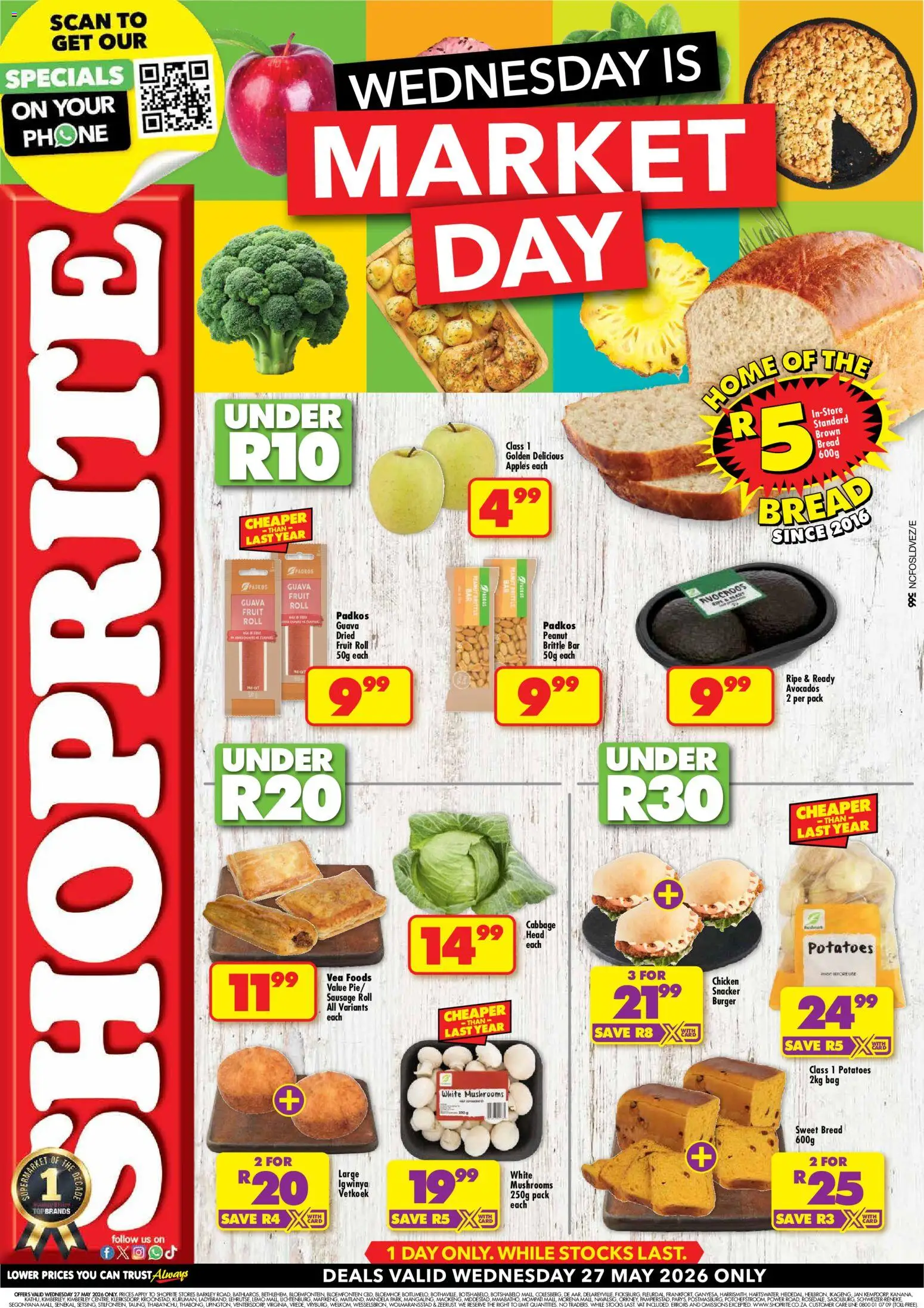 New Shoprite catalogue – valid from 27.05.2026 | Page: 1 | Products: Mushrooms, Phone, Bag, Bread
