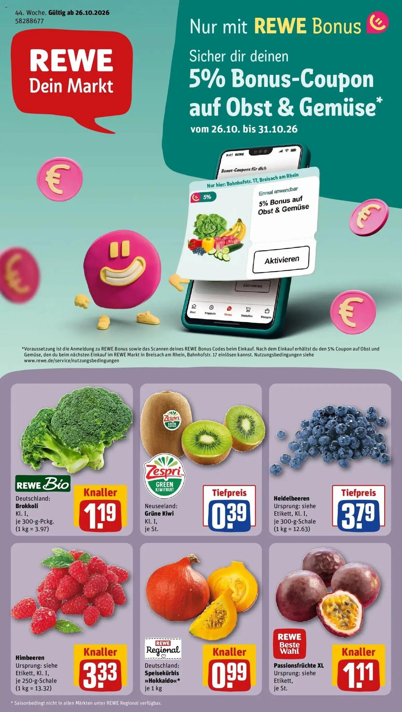 REWE Prospekt ab 26.10.2026 zum Blättern » Angebote | Seite: 1 | Produkte: Heidelbeeren, Obst, Brokkoli, Kiwi