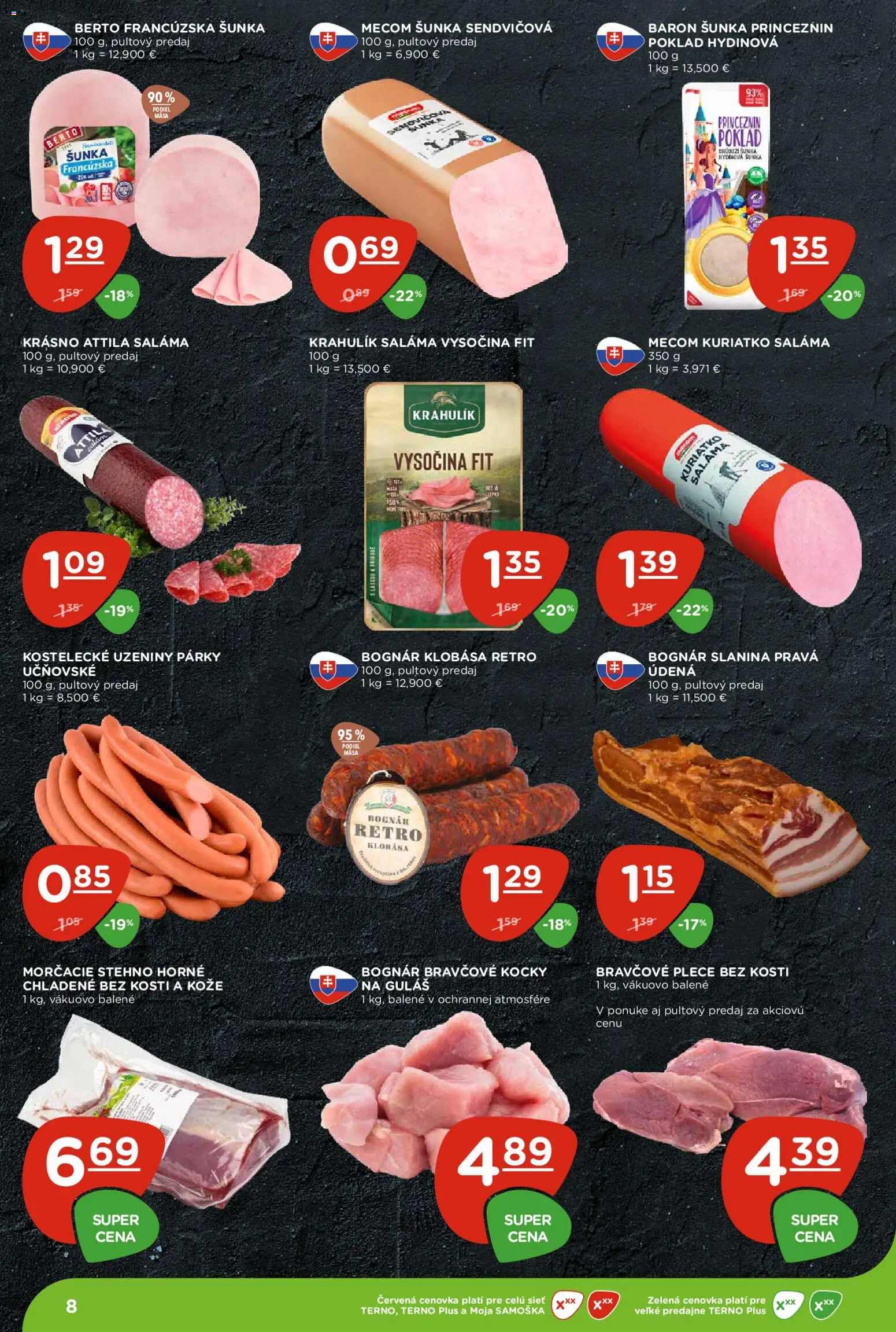 Nové Terno akcie – leták je platný od 01.10.2026 | Strana: 8 | Produkty: Saláma, Šunka, Bravčové kocky, Bravčové plece