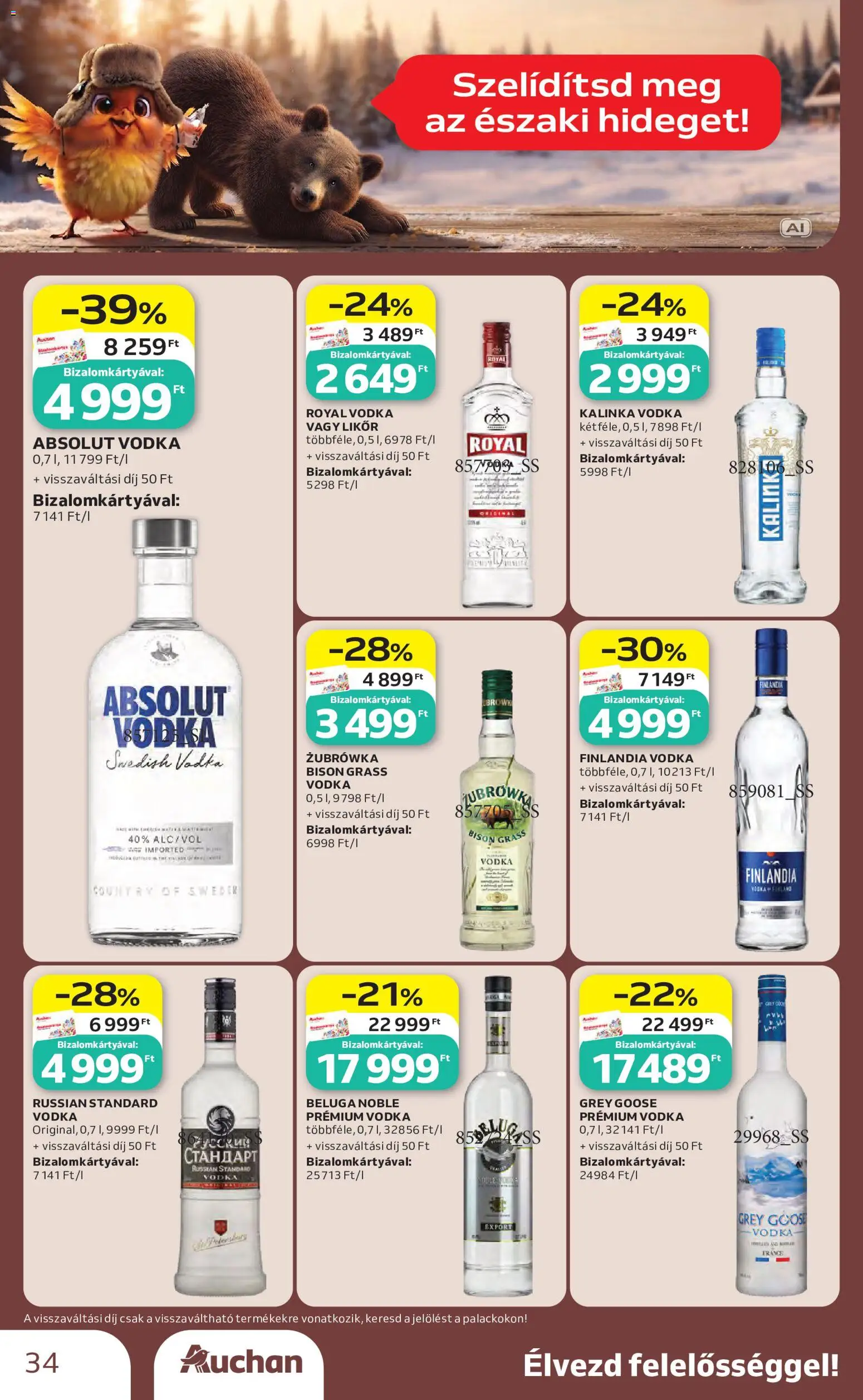 Auchan akciós ujság - amely érvényes a következő dátumtól: 2026.10.01. | Oldal: 34 | Termékek: Absolut vodka, Żubrówka, Finlandia vodka, Likőr