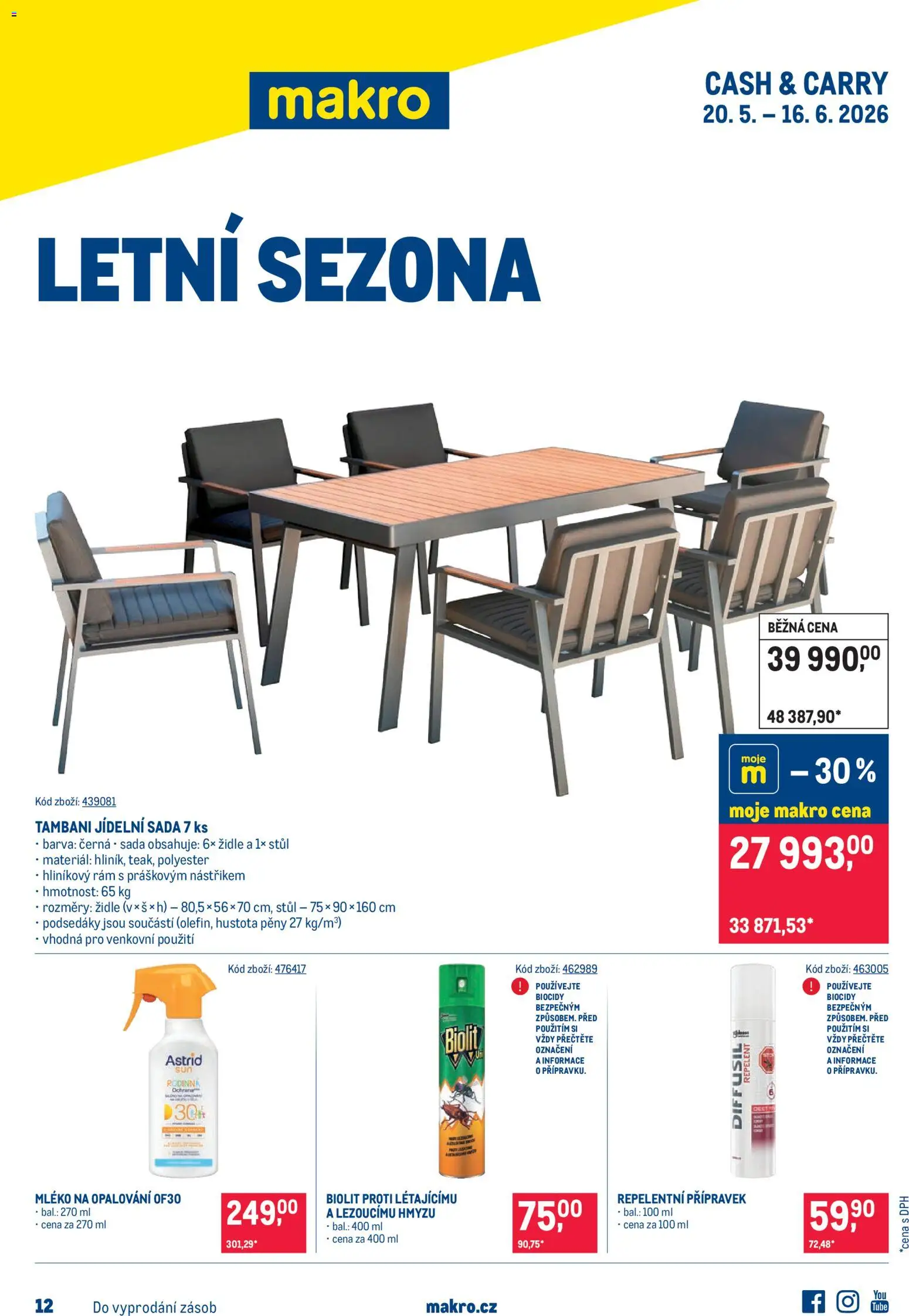 Makro leták - Letní sezona od 20.05.2026 | Strana: 1 | Produkty: Mléko, Stůl, Židle, Repelent
