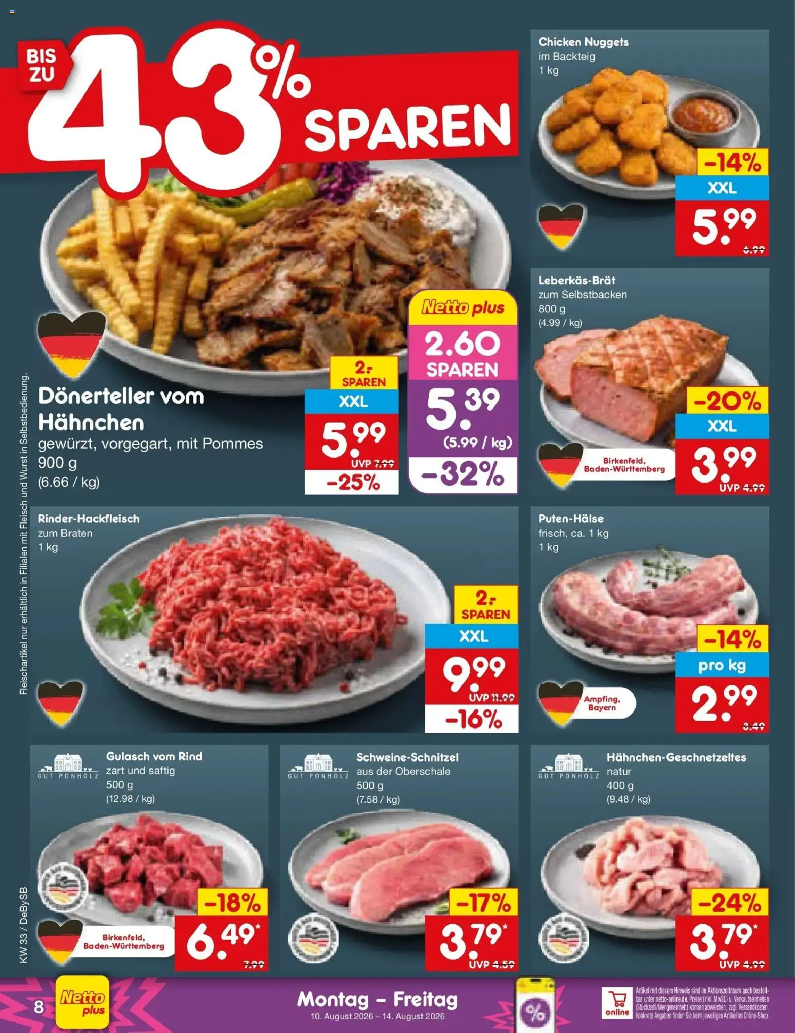 Netto Marken-Discount Prospekt Thierhaupten (ab 10.08.2026) » Angebote | Seite: 8 | Produkte: Pommes, Gulasch, Wurst, Fleisch