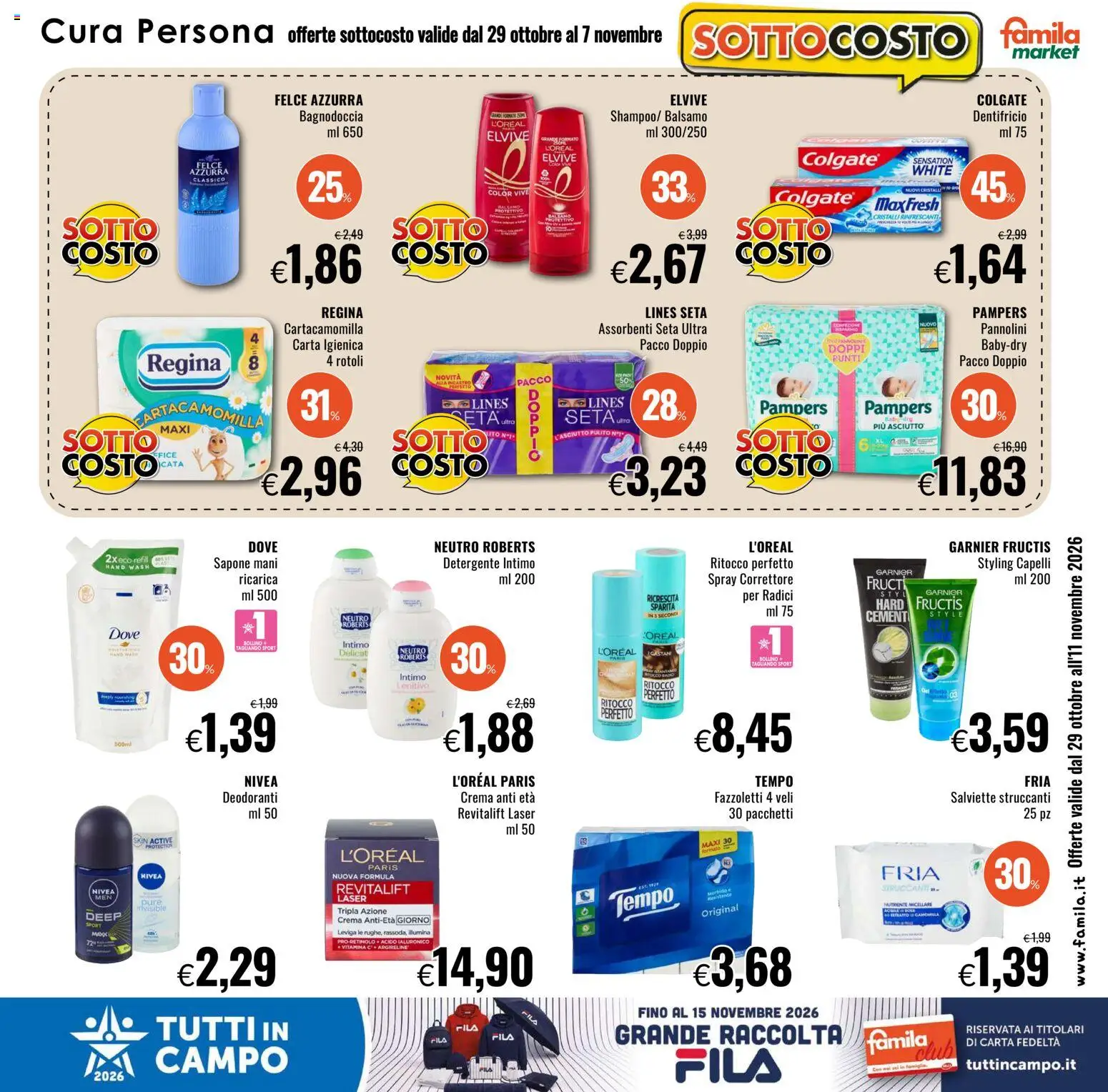 Volantino Famila del 29/10/2026 | Pagina: 9 | Prodotti: Crema, Detergente, Assorbenti, Correttore