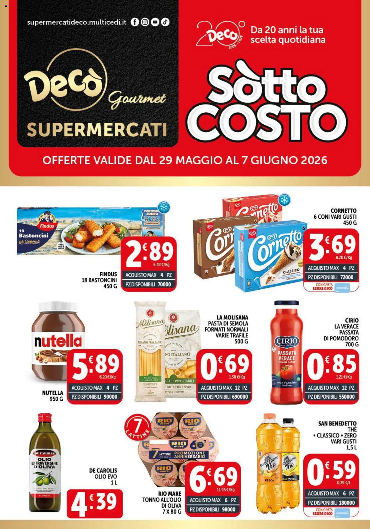 Volantino Decò del 29.05.2026 | Pagina: 1 | Prodotti: Cornetto, Olio, Pasta, Pesca