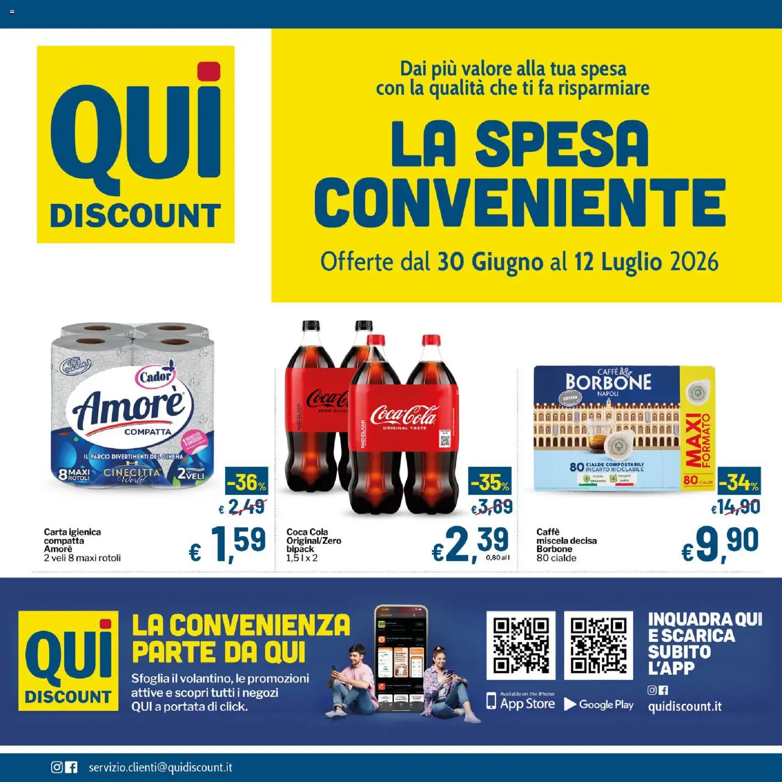 Volantino Qui Discount del 30/06/2026 | Pagina: 1 | Prodotti: Carta igienica, Iphone, Caffè, Coca Cola