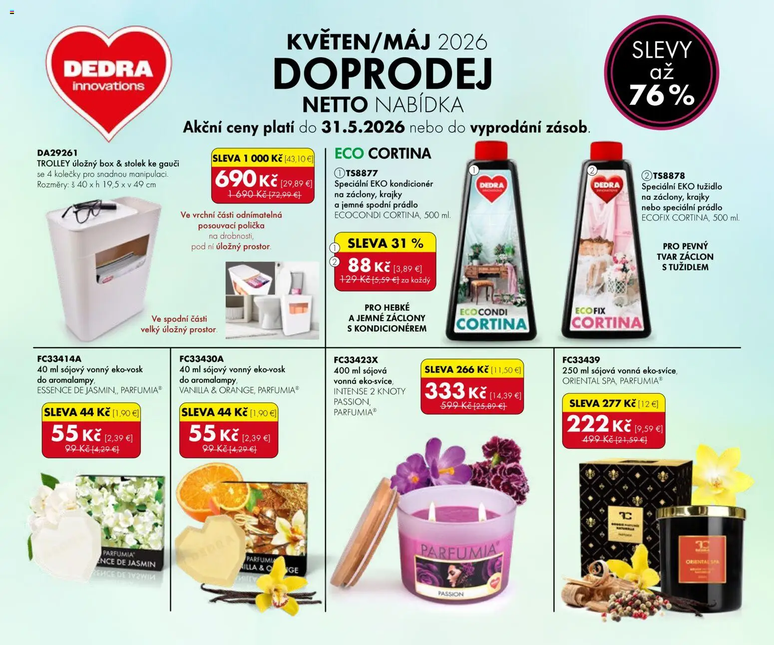 Nové Dedra akcie – leták je platný od 01.05.2026 | Strana: 1 | Produkty: Záclony, Kondicionér