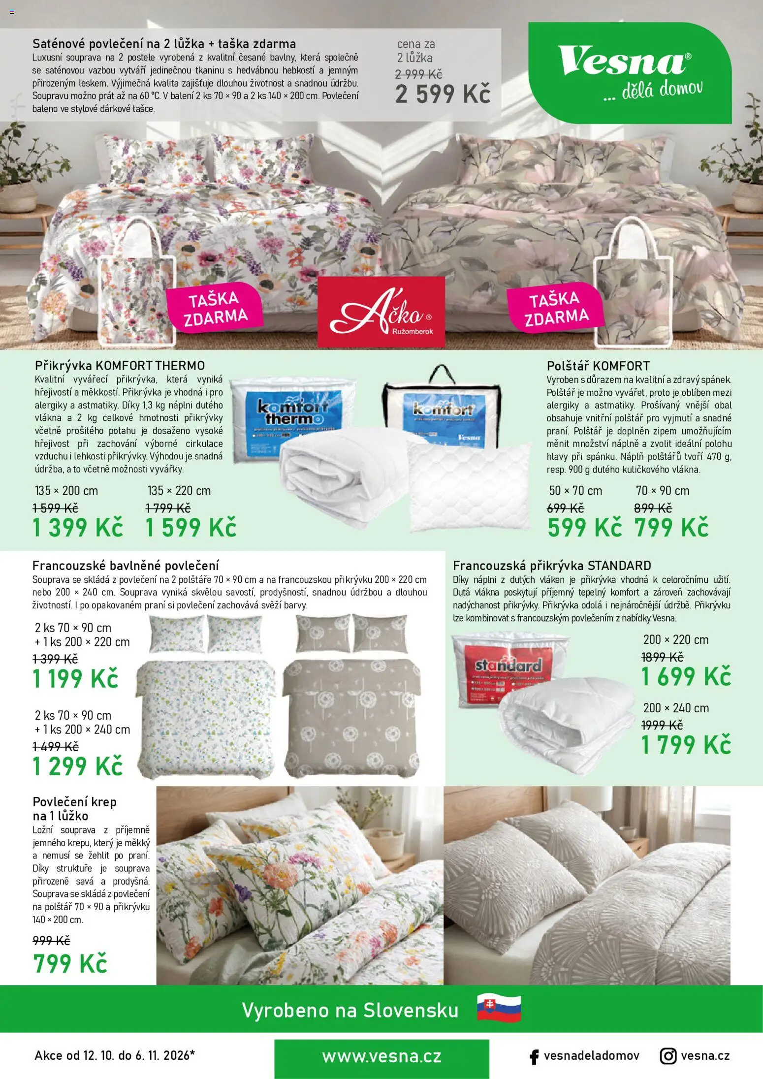 Vesna leták od 12.10.2026 | Strana: 1 | Produkty: Polštáře, Taška, Polštář, Přikrývka