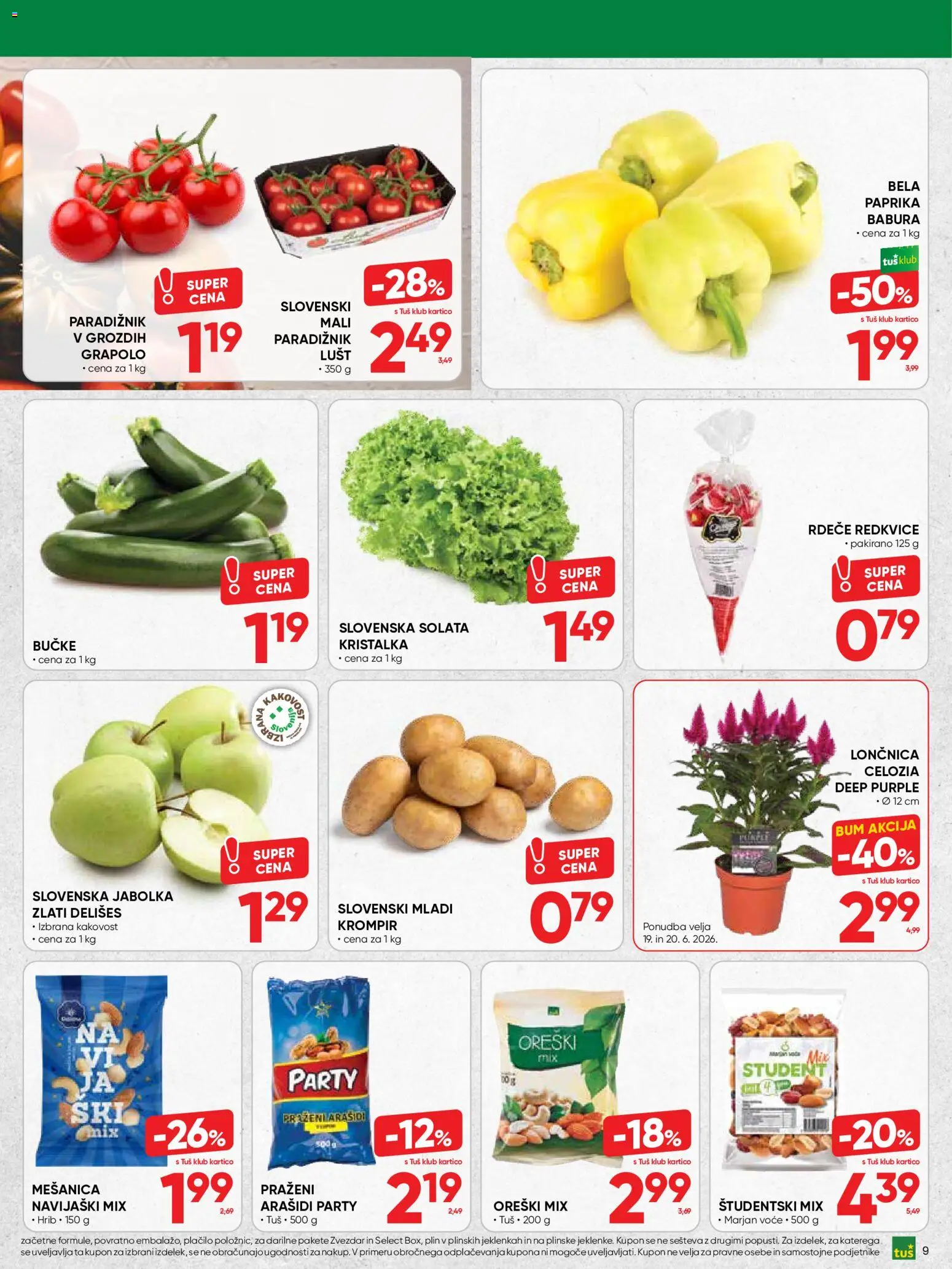Novi Tuš katalog ponudbe – veljaven od 17.06.2026 | Stran: 9 | Izdelki: Oreški, Jabolka, Solata, Krompir