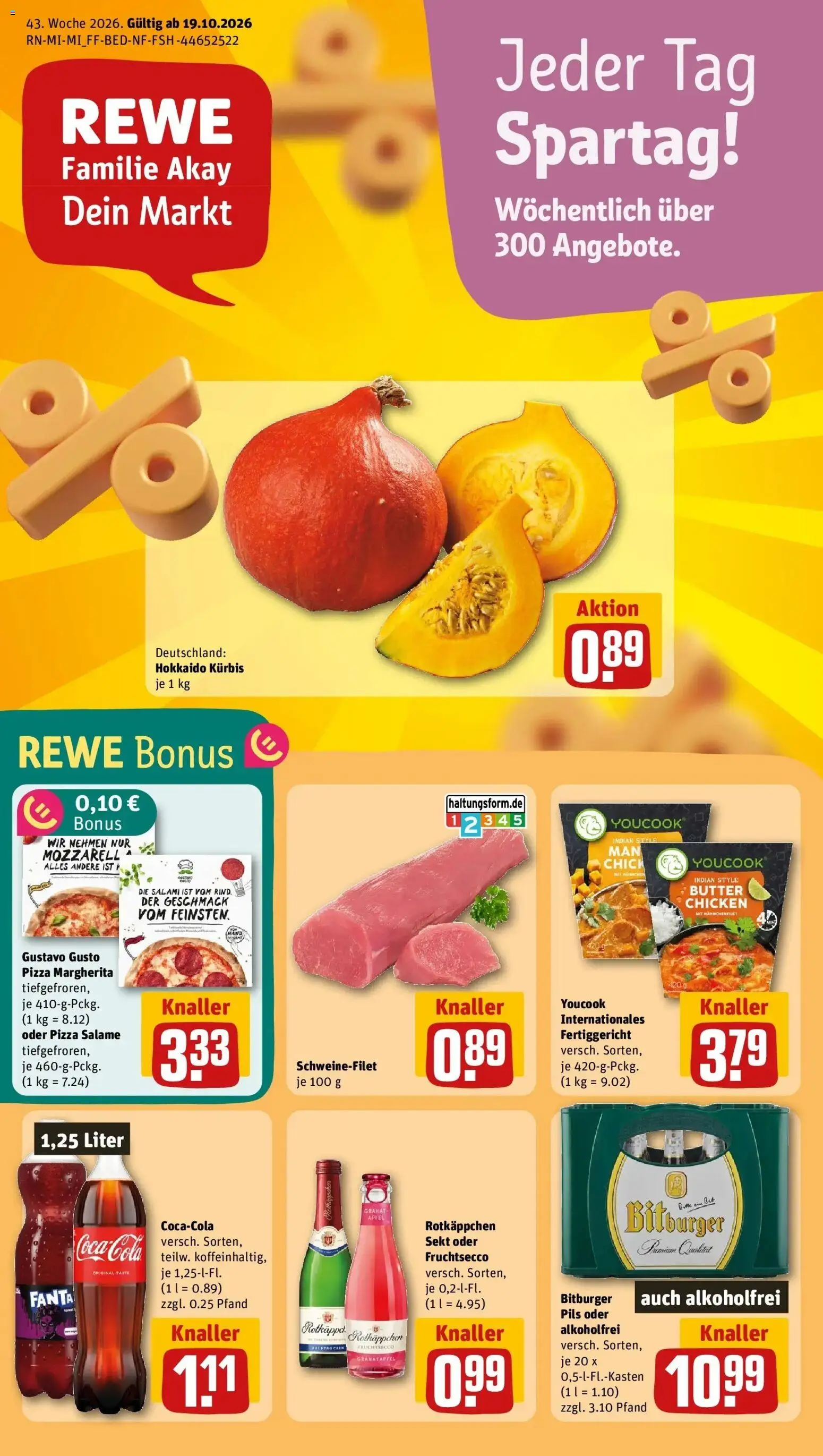 REWE Prospekt ab 19.10.2026 zum Blättern » Angebote | Seite: 1 | Produkte: Gustavo gusto, Youcook, Granatapfel, Fruchtsecco