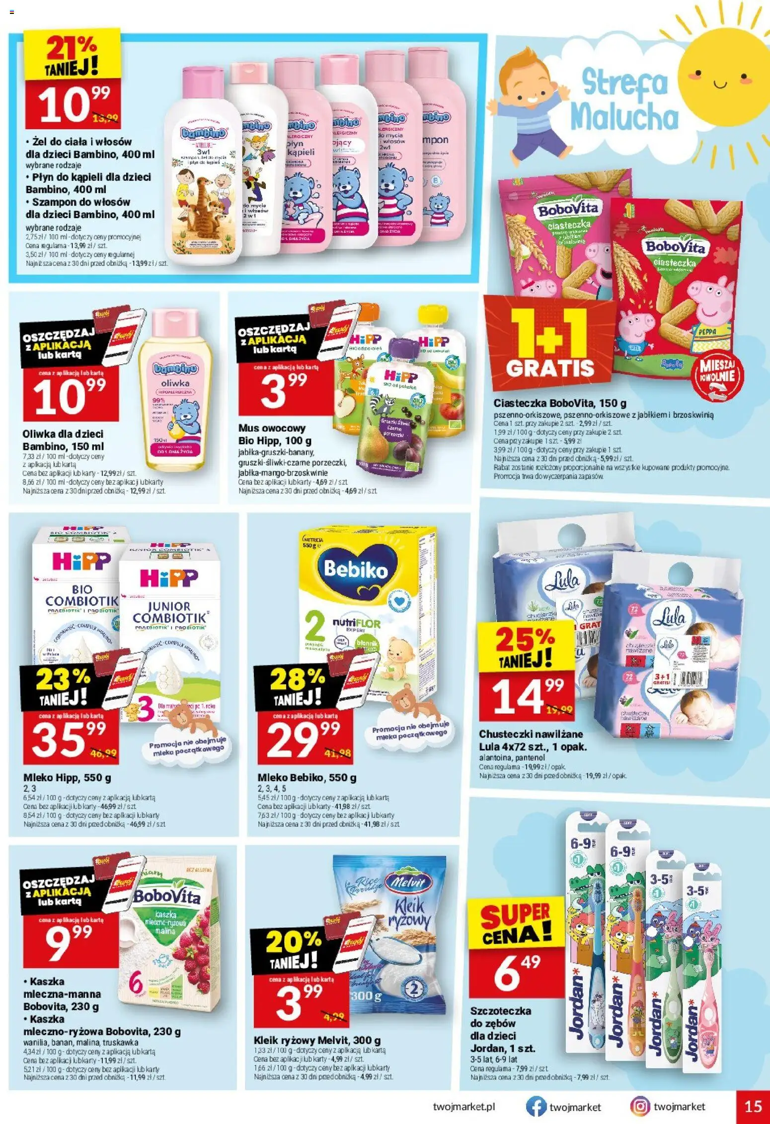 Twój Market gazetka od 23.09.2026 | Strona: 15 | Produkty: Chusteczki nawilżane, Płyn do kąpieli, Bebiko, Szampon