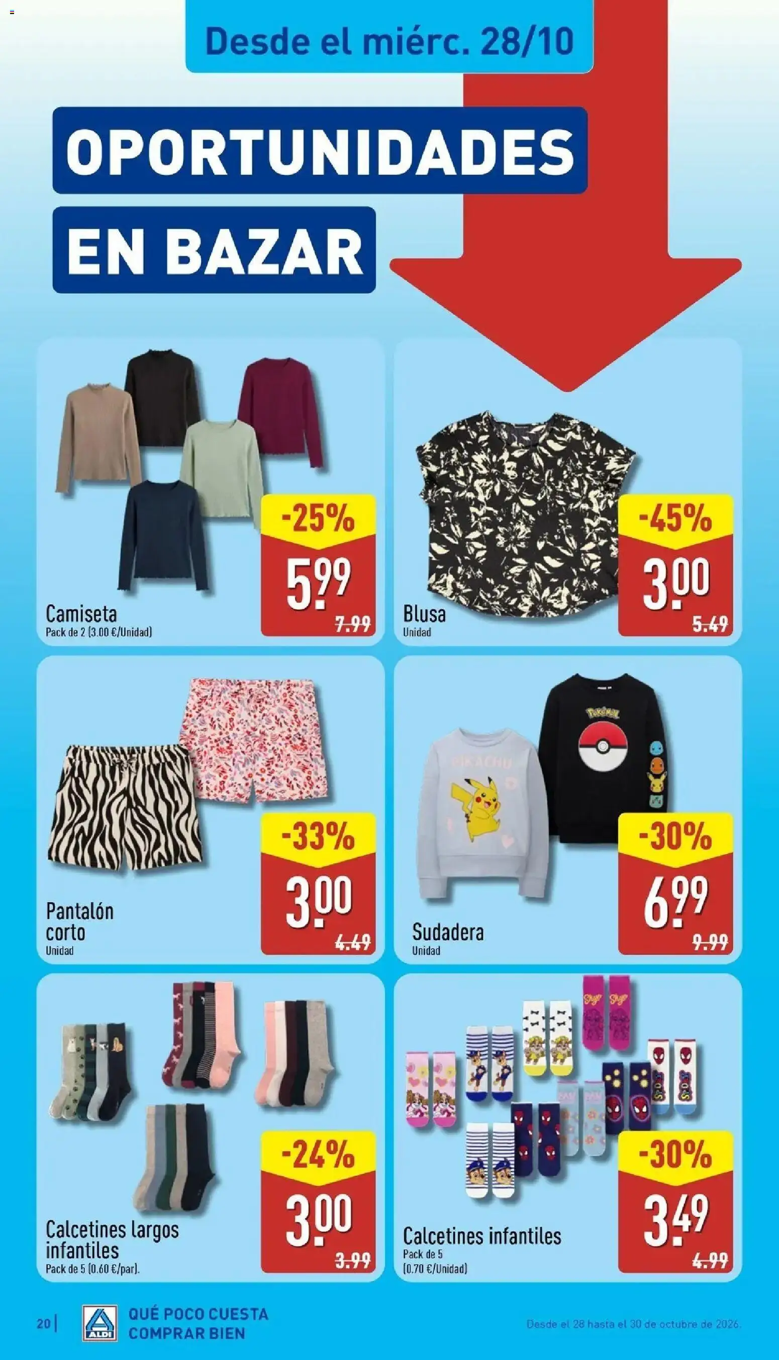 Aldi - Qué poco cuesta comprar bien │ válido desde el 26/10/2026 | Página: 20 | Productos: Blusa, Sudadera, Calcetines, Pantalón corto