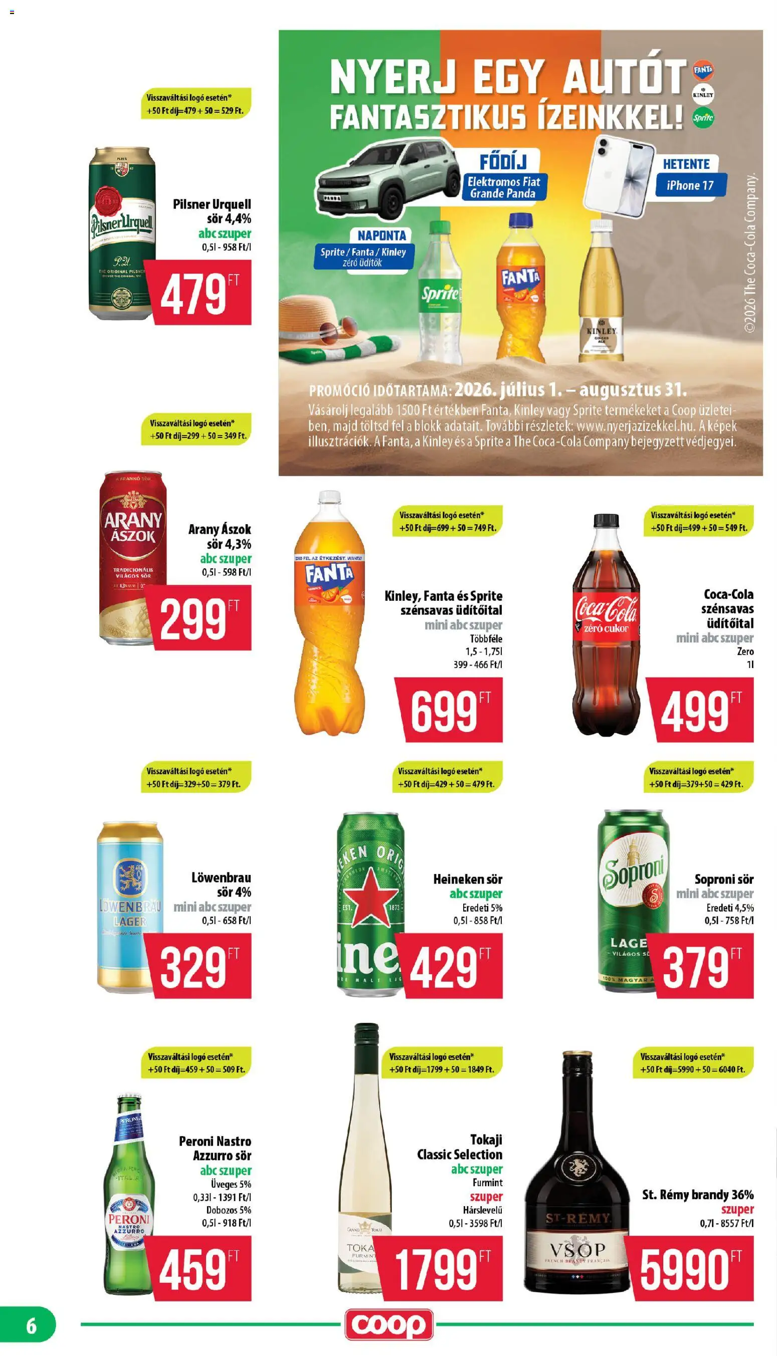 COOP akciós ujság - amely érvényes a következő dátumtól: 2026.08.21. | Oldal: 6 | Termékek: Üdítőital, Kinley, Heineken sör, Brandy