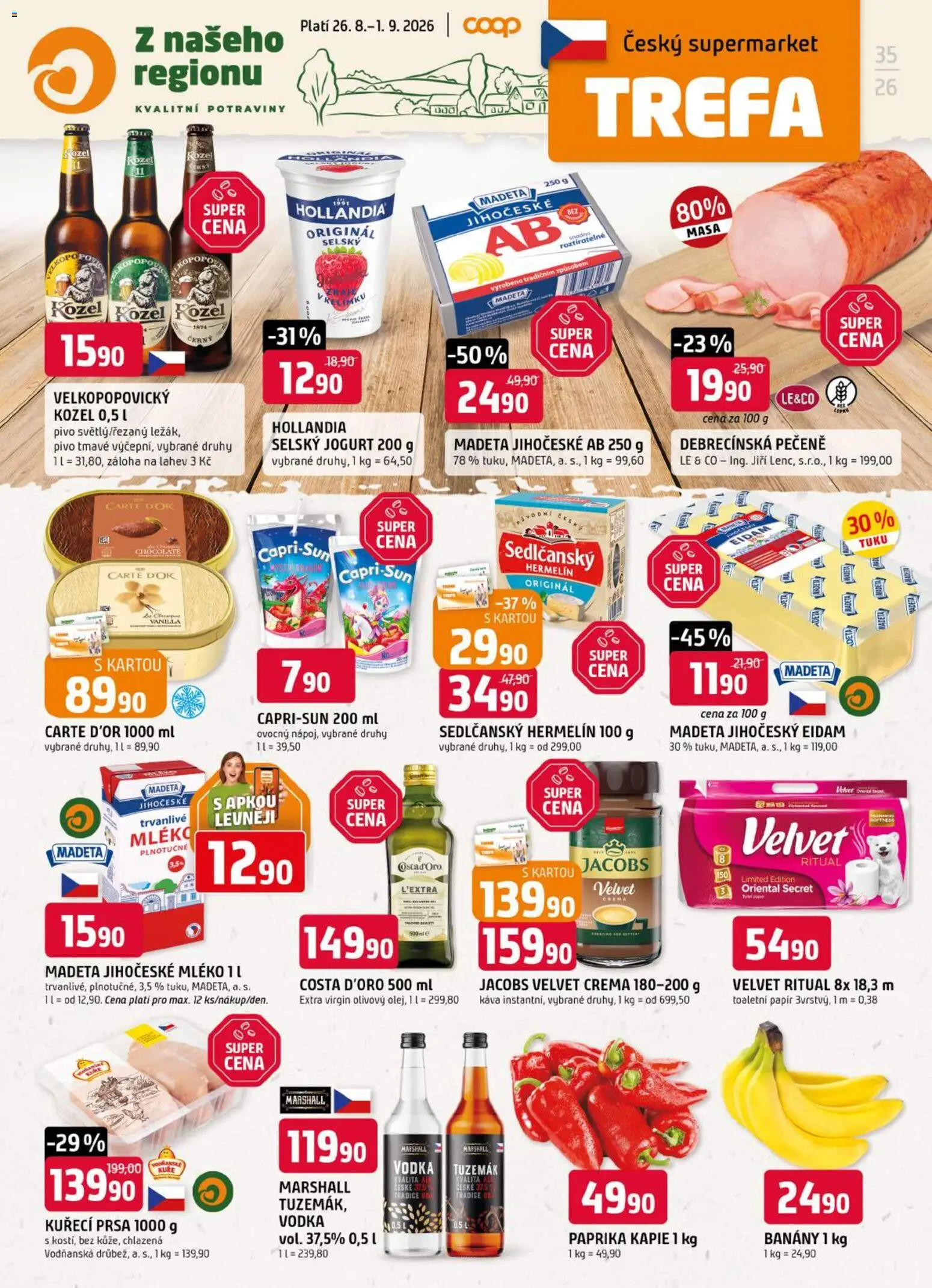 Trefa leták od 26.08.2026 | Strana: 1 | Produkty: Jogurt, Pivo, Hermelín, Paprika
