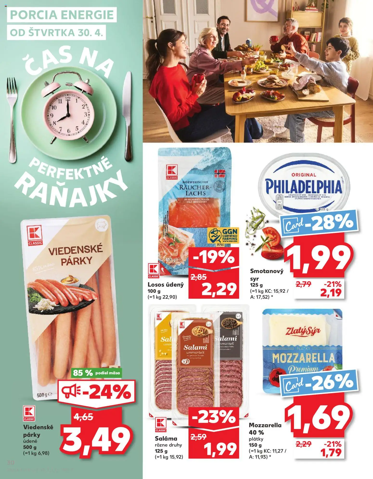 Nové Kaufland akcie – leták je platný od 30.04.2026 | Strana: 30 | Produkty: Saláma, Mozzarella, Losos, Párky