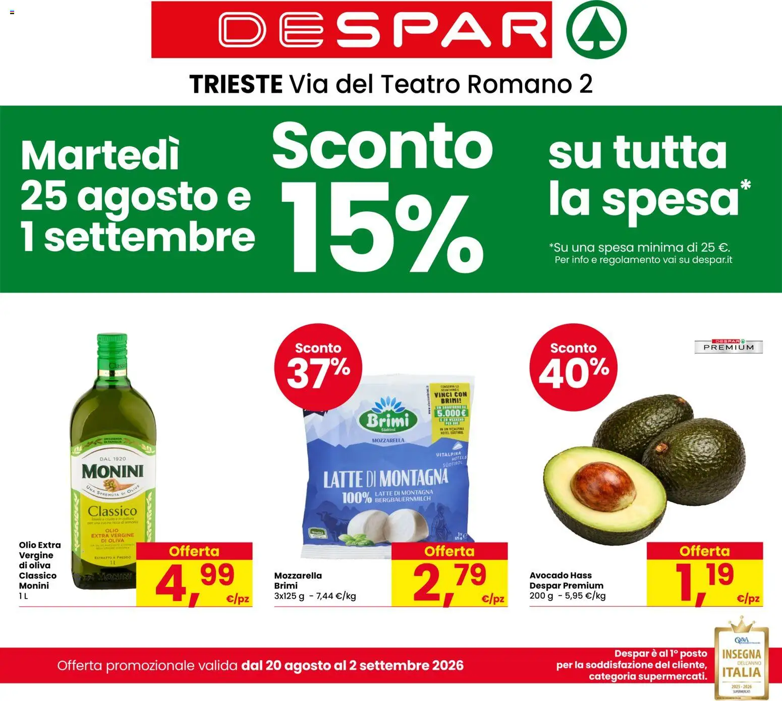 Volantino Despar del 20/08/2026 | Pagina: 1 | Prodotti: Avocado, Latte, Olive, Olio extra vergine