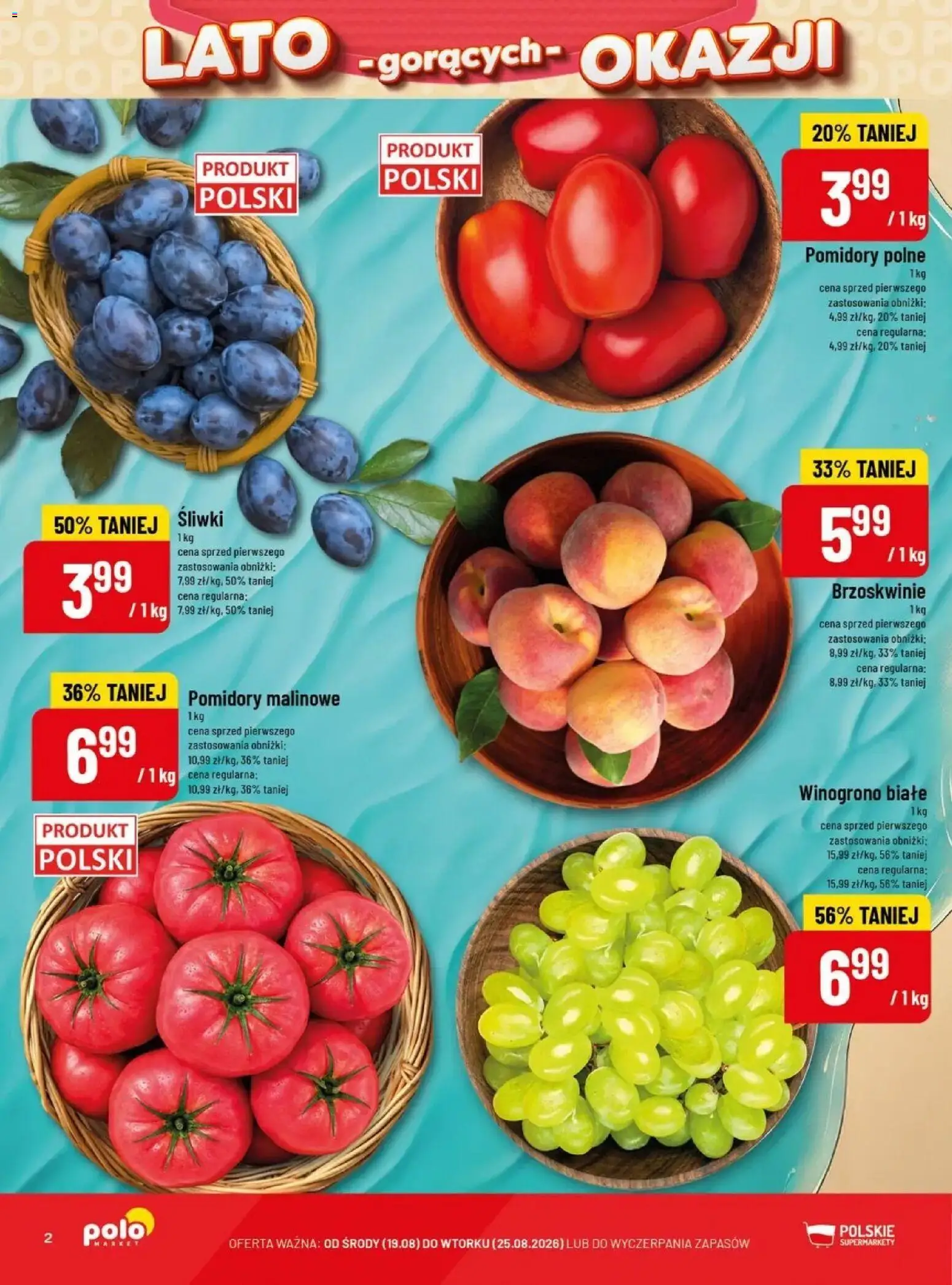Nowa POLOmarket gazetka od jutra 19.08.2026 | Strona: 2 | Produkty: Winogrono, Pomidory malinowe, Śliwki, Pomidory