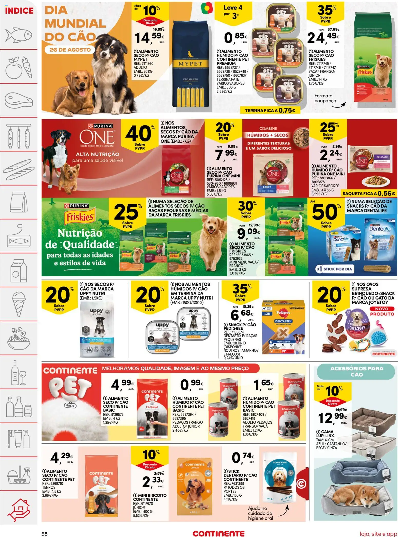 Continente folheto │ válido de 11/08/2026 | Página: 58 | Produtos: Purina one, Cama, Snacks, Ovos