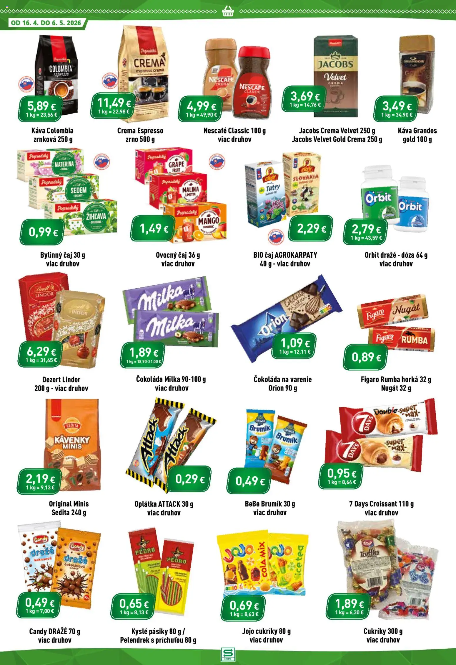 Nové Sintra akcie – leták je platný od 16.04.2026 | Strana: 8 | Produkty: Čaj, Lindor, Cola, Nescafé Classic