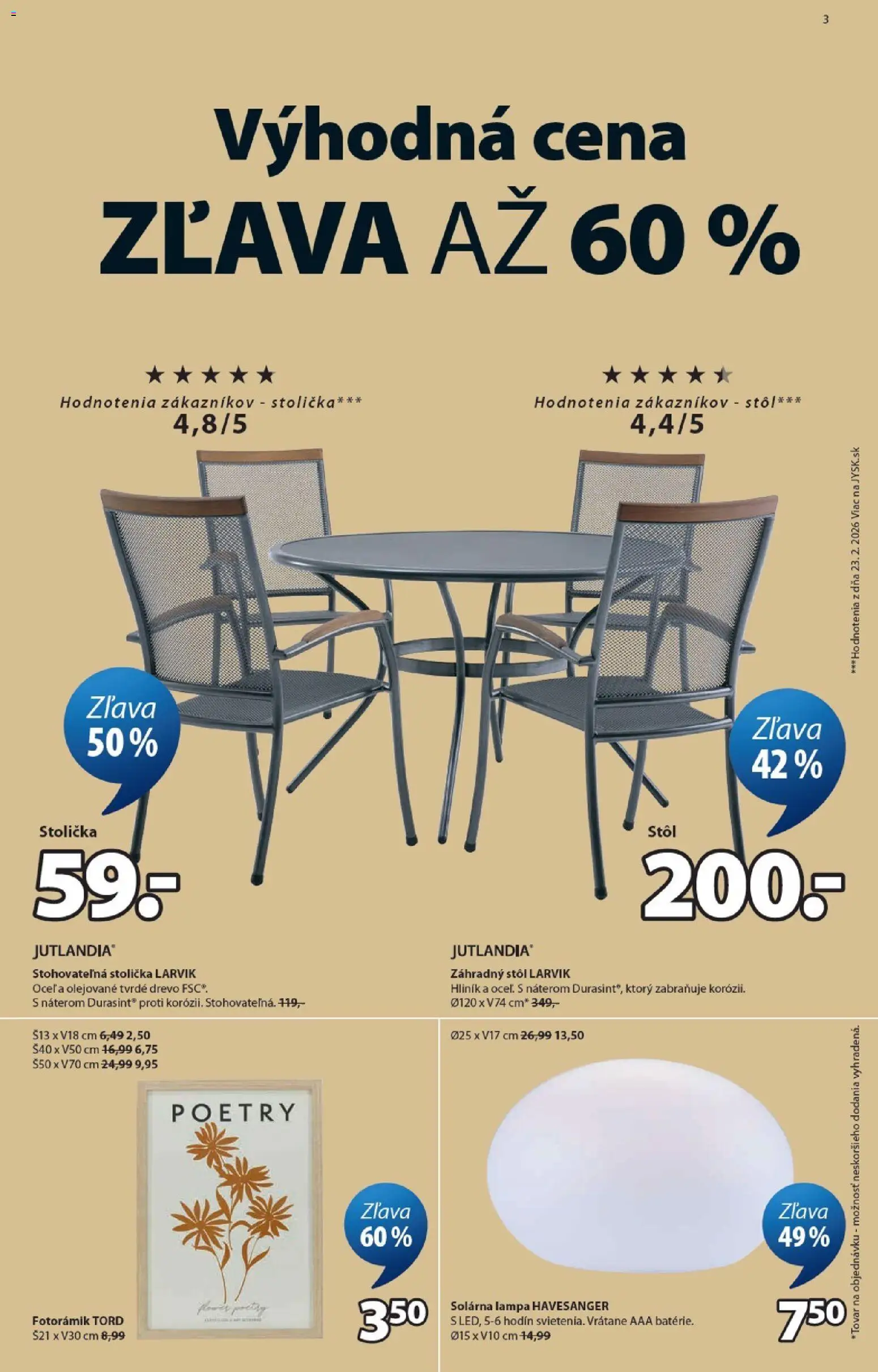 Nové JYSK akcie – leták je platný od 15.04.2026 | Strana: 3 | Produkty: Lampa, Stôl, Záhradný stôl