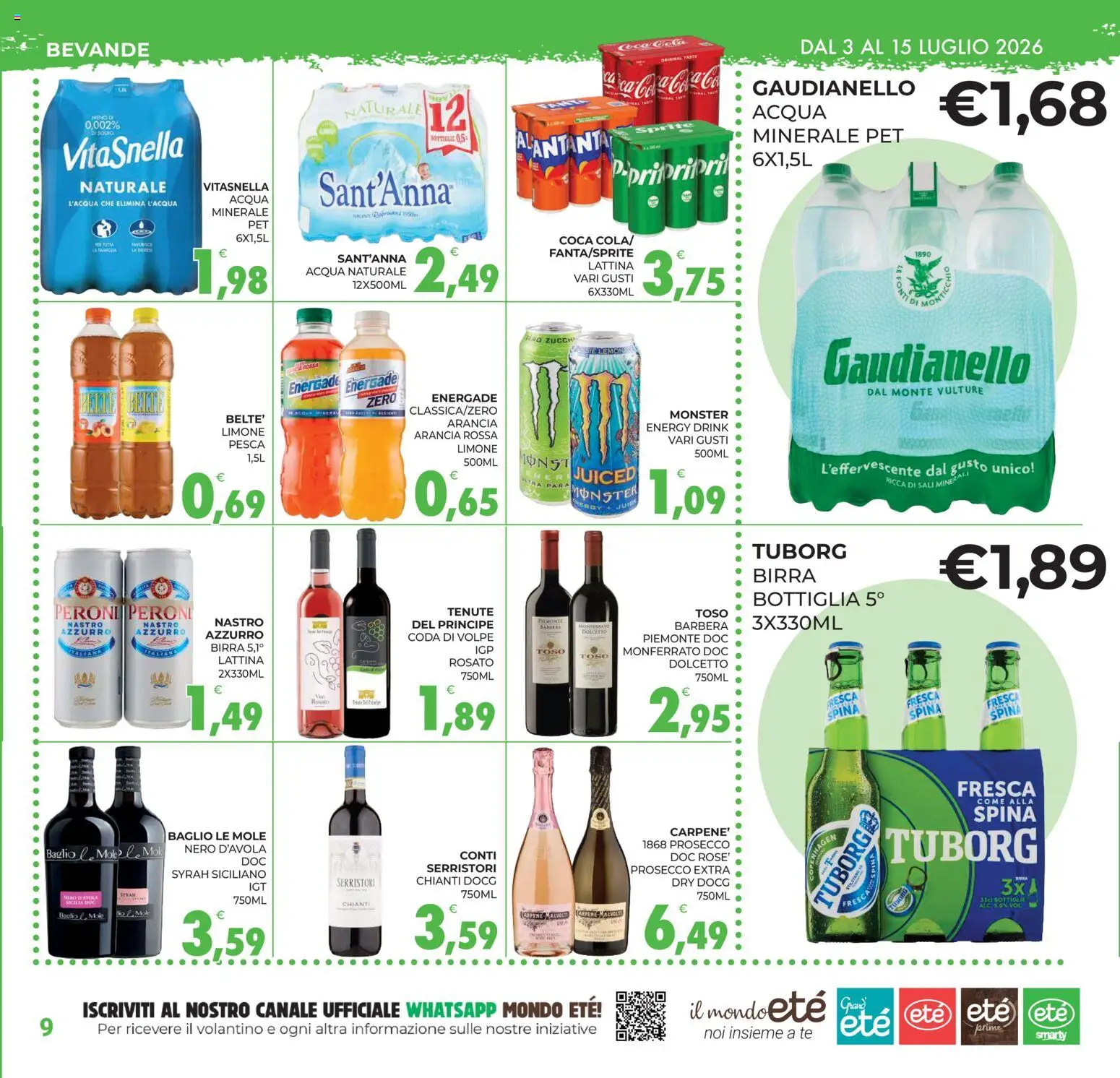 Volantino Eté del 03/07/2026 | Pagina: 9 | Prodotti: Birra, Arancia, Acqua minerale, Coca Cola