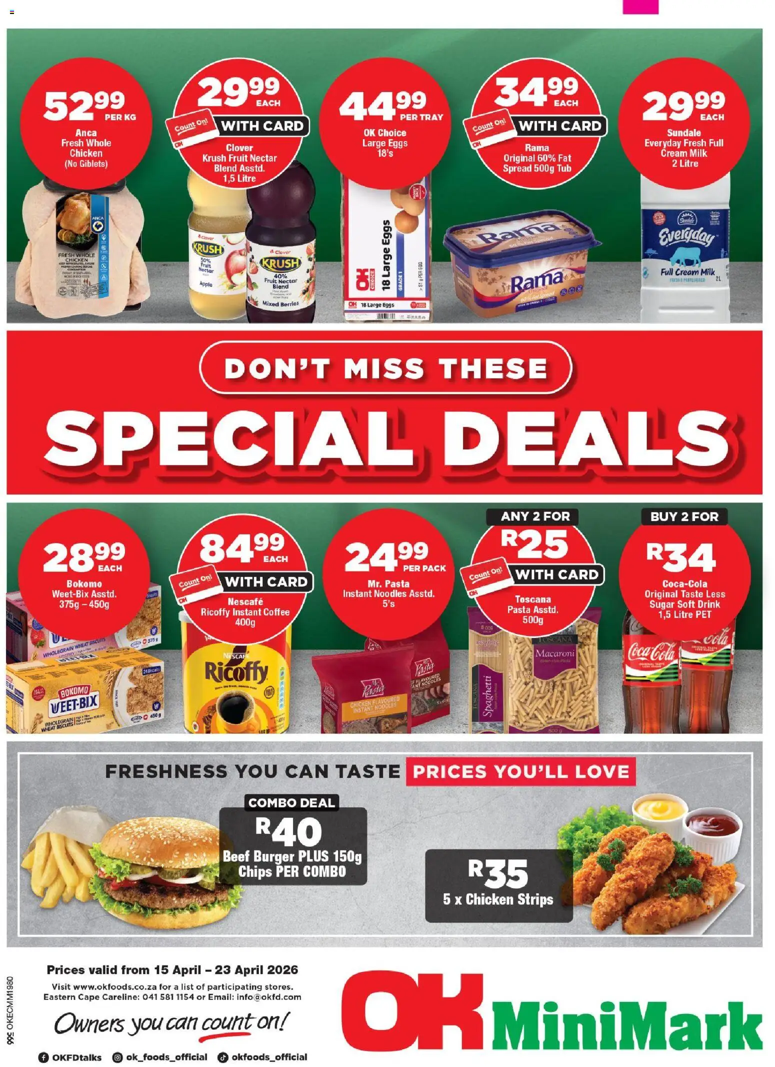 New OK Foods catalogue – valid from 15.04.2026 | Page: 1 | Products: Noodles, Pasta, Cream, Fruit