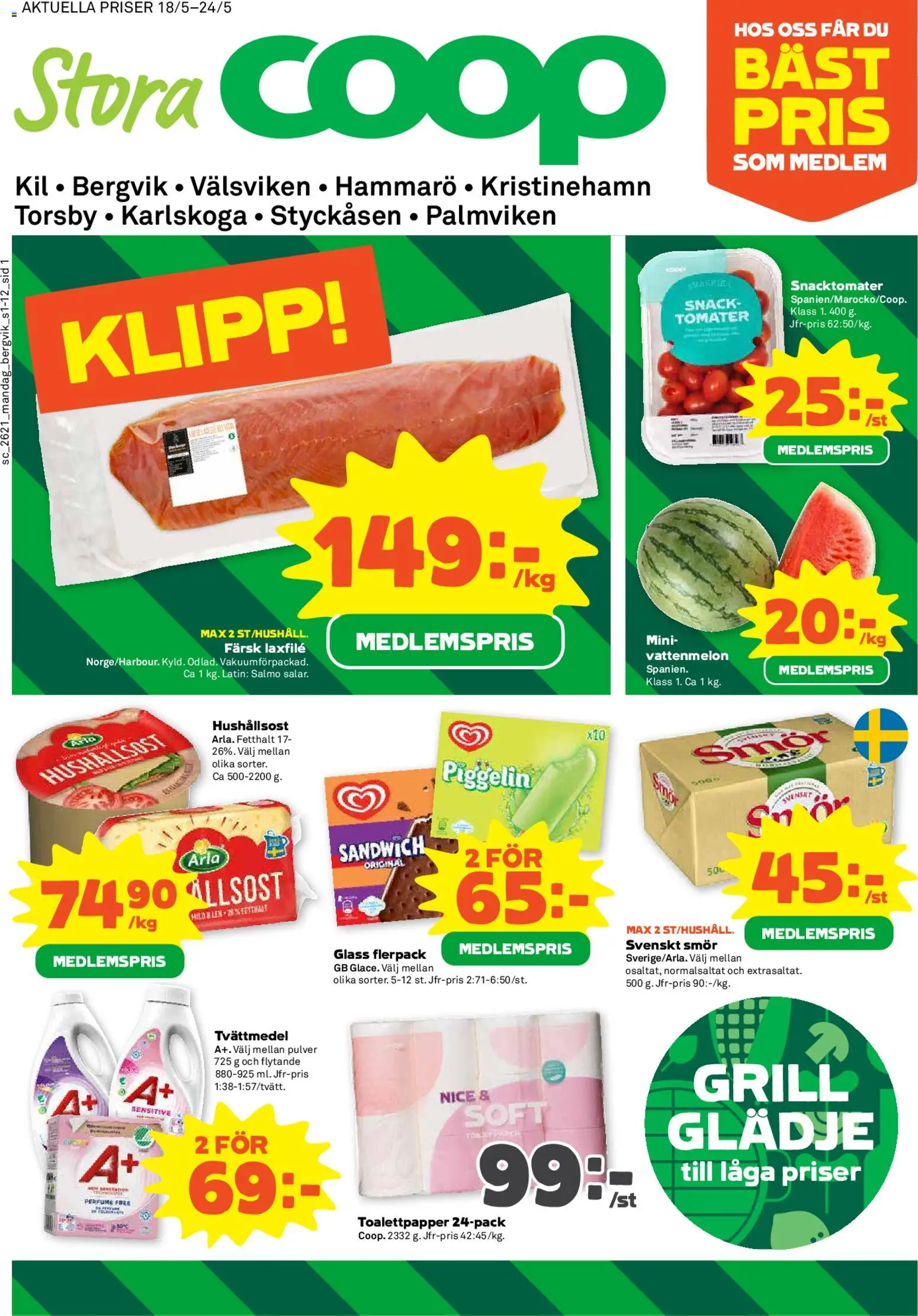Stora Coop reklamblad aktuell från 18.05.2026 | Sida: 1 | Produkter: Sandwich, Tvättmedel, Hushållsost, Smör