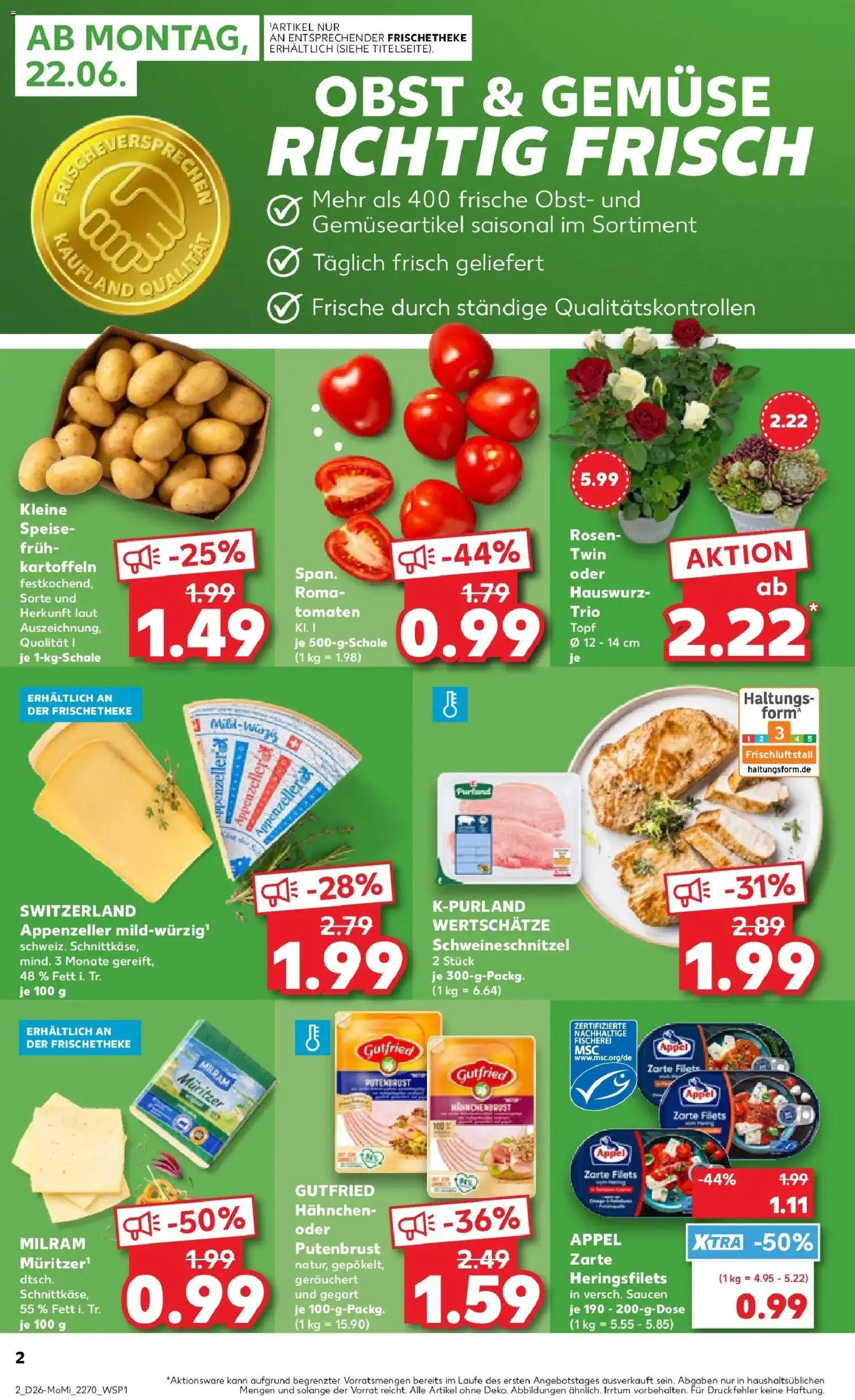 Kaufland Prospekt Kitzingen – gültig ab 22.06.2026 | Seite: 2 | Produkte: Hahnchen, Tomaten, Schnitzel, Gemüse