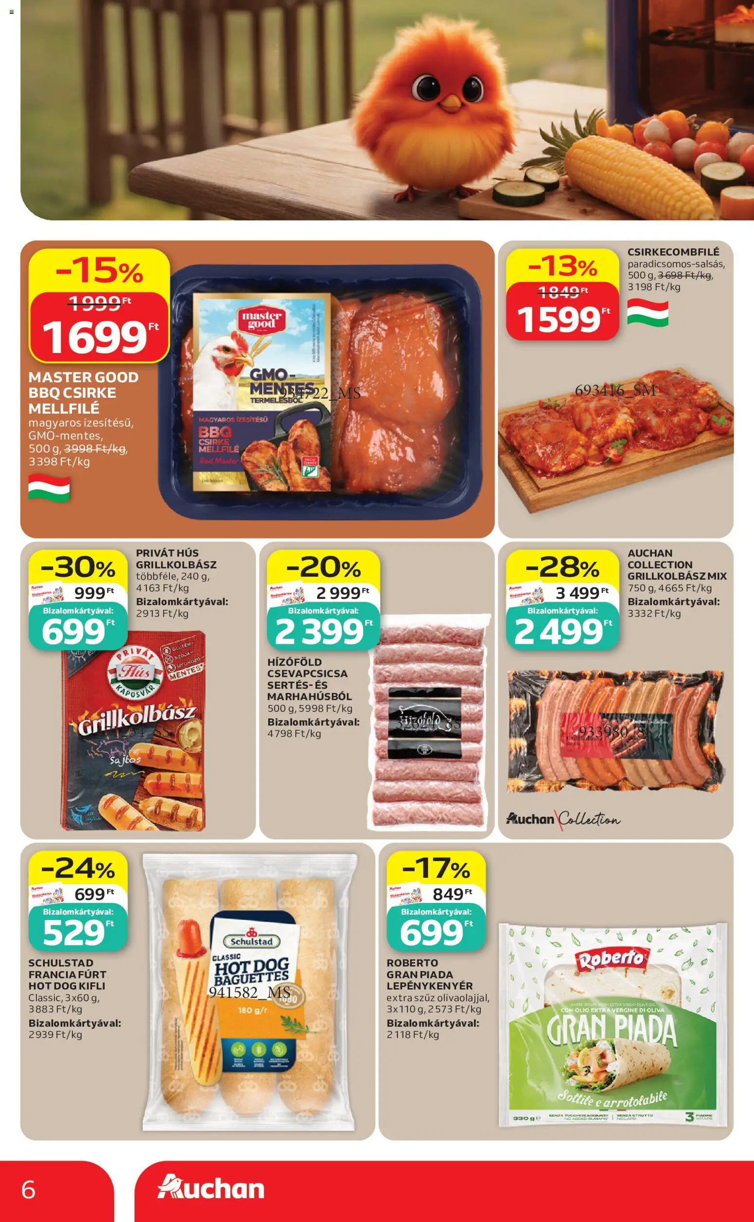 Auchan akciós ujság - amely érvényes a következő dátumtól: 11.06.2026 | Oldal: 6 | Termékek: Hot dog, Grillkolbász, Kifli, Csirkecombfile